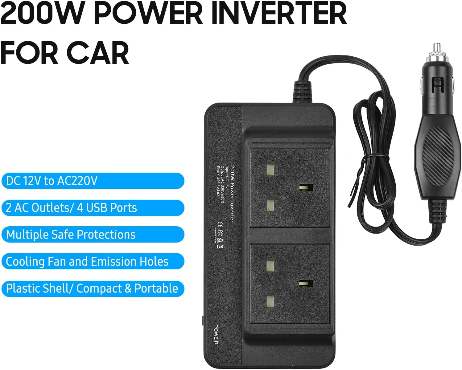 اینورتر برق خودرو 200 وات DC 12V به AC 220V با 2 پریز AC و 4 پورت USB، کلید روشن/خاموش، محافظت ایمن، آداپتور خودرو قابل حمل برای تلفن، لپ تاپ، چراغ های برقی، فن ها