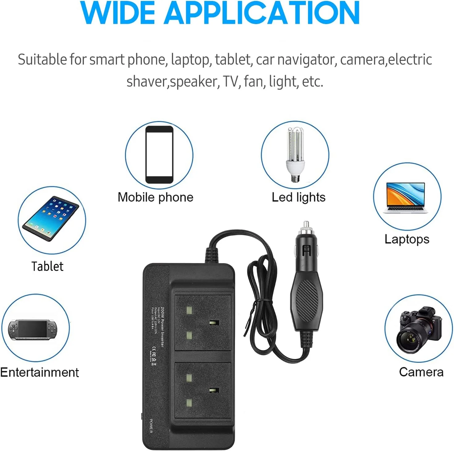 اینورتر برق خودرو 200 وات DC 12V به AC 220V با 2 پریز AC و 4 پورت USB، کلید روشن/خاموش، محافظت ایمن، آداپتور خودرو قابل حمل برای تلفن، لپ تاپ، چراغ های برقی، فن ها