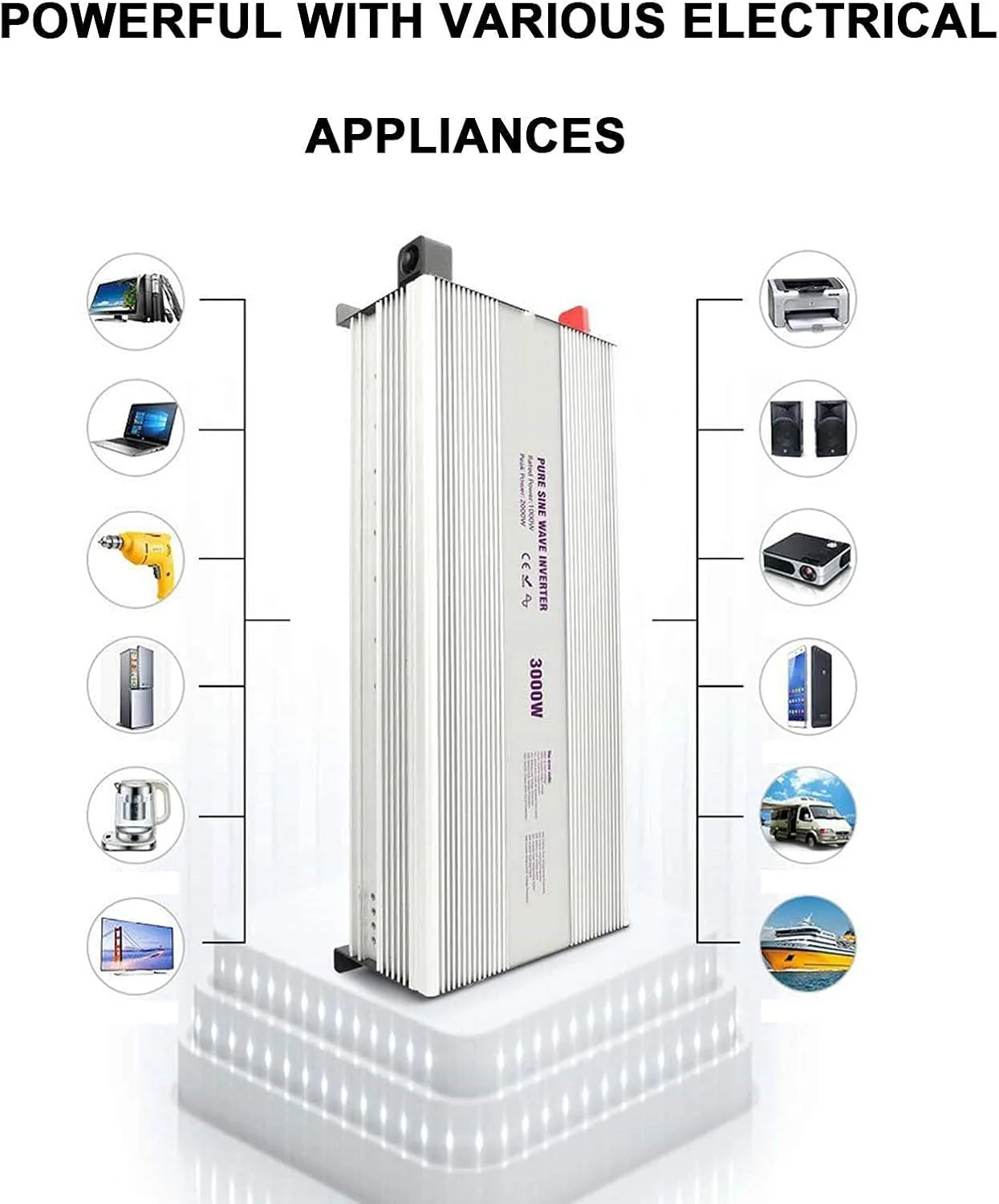اینورتر برق موج سینوسی خالص SGSG 3000 وات - 6000 وات (اوج) DC 12V/24V به AC 110V / 220V، مبدل برق با نمایشگر LCD و USB دوگانه، برای لوازم برقی مختلف