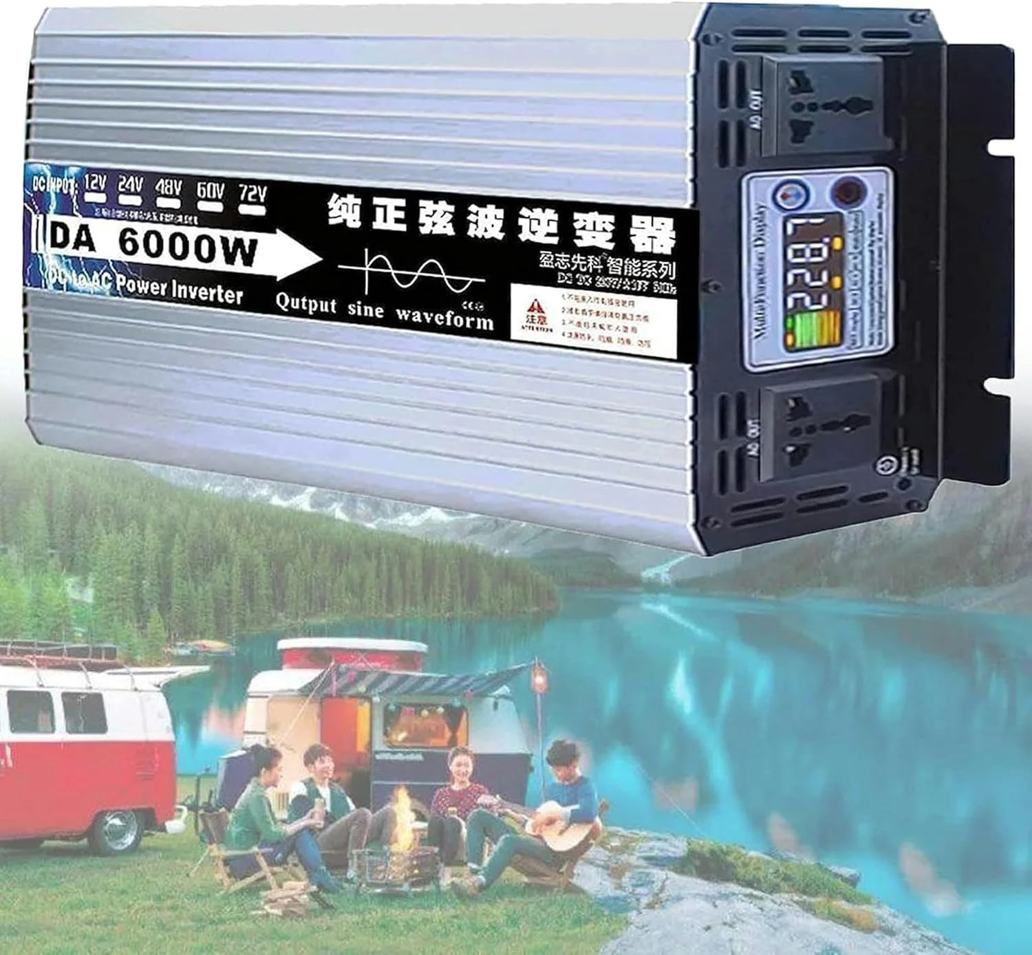 اینورتر موج سینوسی خالص XENITE 6000W/8000W، اینورتر برق، DC 12V/24V/48V/60V به AC 110V/220V اینورتر خودرو، با صفحه نمایش LCD و پریزهای AC برای خانه، RV، کمپینگ مسافرتی، 220V-12V8000W