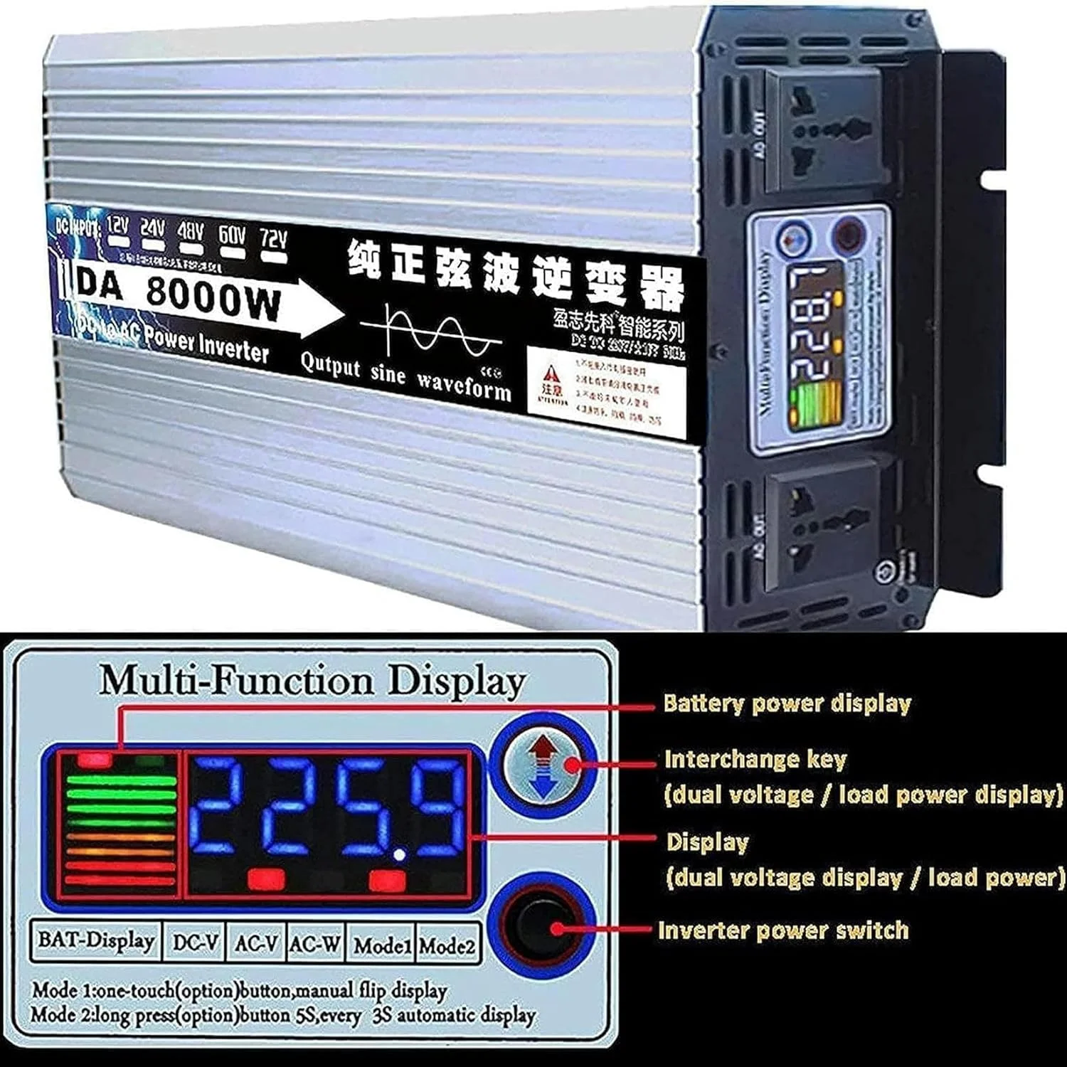 اینورتر موج سینوسی خالص XENITE 6000W/8000W، اینورتر برق، DC 12V/24V/48V/60V به AC 110V/220V اینورتر خودرو، با صفحه نمایش LCD و پریزهای AC برای خانه، RV، کمپینگ مسافرتی، 220V-12V8000W اینورتر موج سینوسی خالص XENITE 6000W/8000W، اینورتر برق، DC 12V/24V/48V/60V به AC 110V/220V اینورتر خودرو، با صفحه نمایش LCD و پریزهای AC برای خانه، RV، کمپینگ مسافرتی، 220V-12V8000W