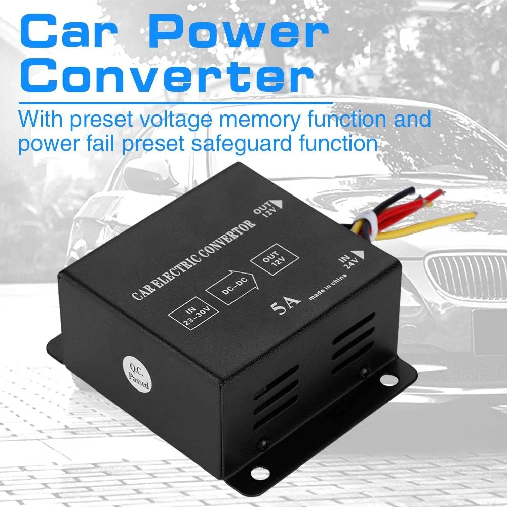 مبدل برق DC 24 ولت به 12 ولت برای خودرو و کامیون، اینورتر کاهنده ولتاژ کاهنده (5 آمپر / 60 وات) مبدل برق DC 24 ولت به 12 ولت برای خودرو و کامیون، اینورتر کاهنده ولتاژ کاهنده (5 آمپر / 60 وات)