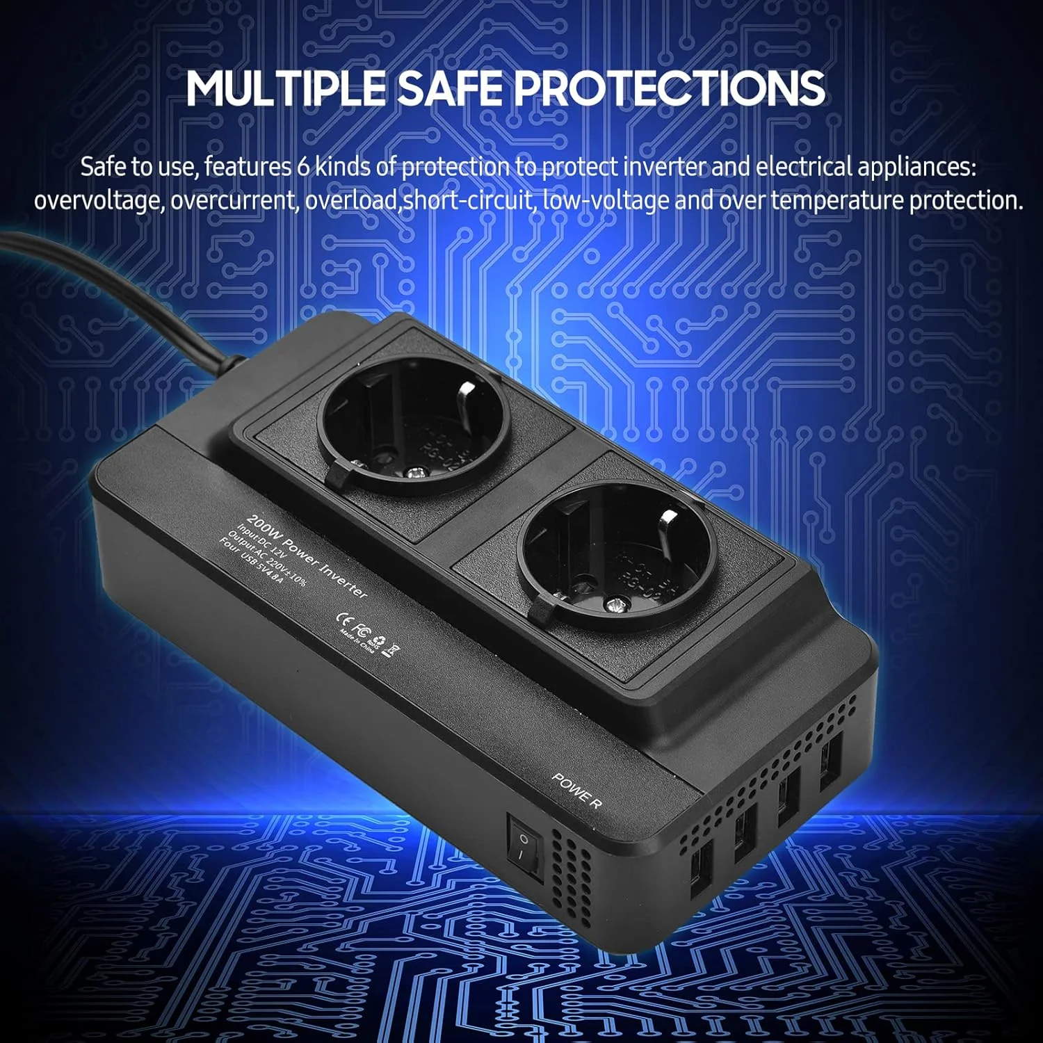 اینورتر برق خودرو 200 وات Labymos، مبدل DC به AC 220V با 2 پریز AC و 4 پورت USB، محافظت ایمن روشن/خاموش، آداپتور شارژر قابل حمل خودرو برای تلفن، لپ تاپ، چراغ های برقی، فن ها اینورتر برق خودرو 200 وات Labymos، مبدل DC به AC 220V با 2 پریز AC و 4 پورت USB، محافظت ایمن روشن/خاموش، آداپتور شارژر قابل حمل خودرو برای تلفن، لپ تاپ، چراغ های برقی، فن ها