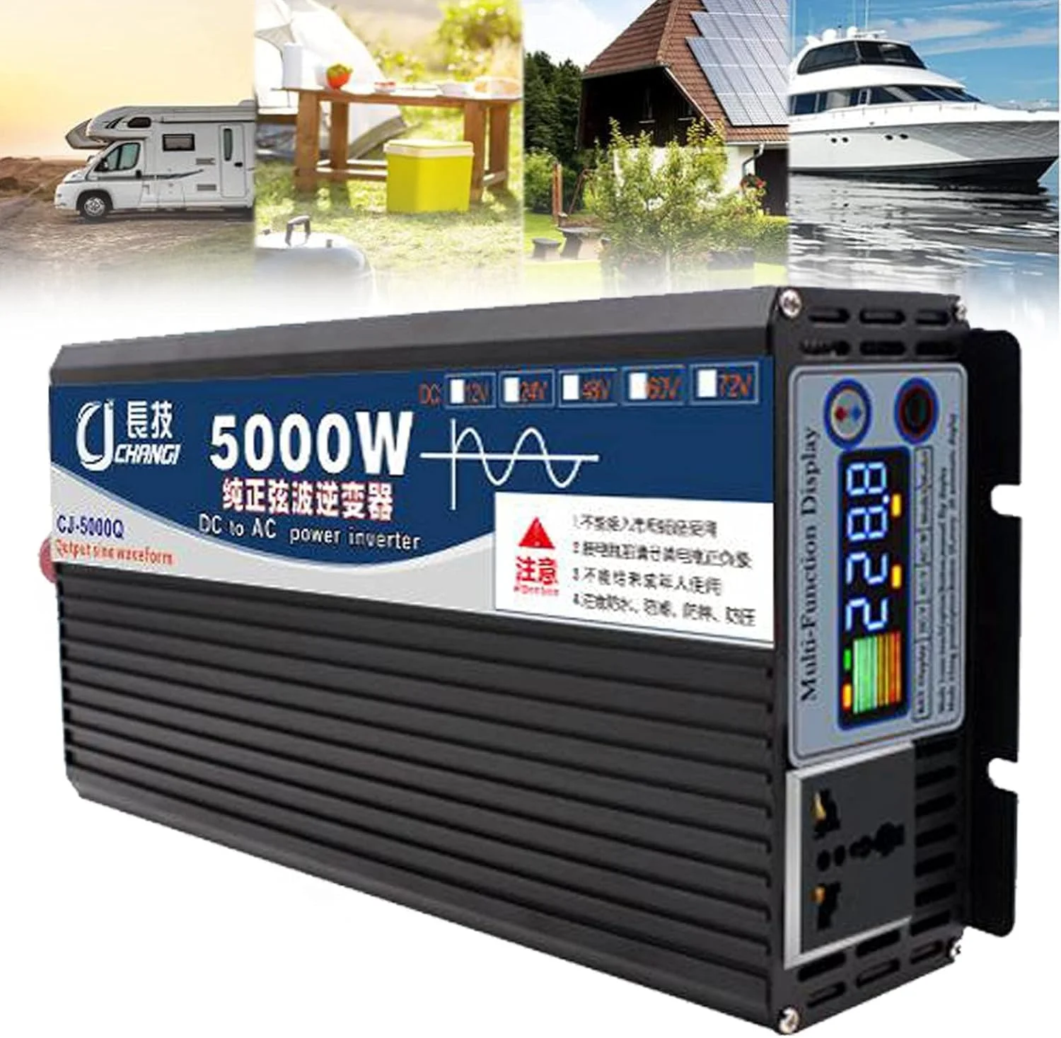 اینورتر موج سینوسی خالص SGSG با توان 3000W/4000W/5000W، تبدیل DC 12V/24V به AC 110V/220V با پورت های USB، مناسب برای فریزر، ماشین لباسشویی، مایکروویو، پمپ آب، اجاق گاز القایی، ابزار برقی، 5000W-48
