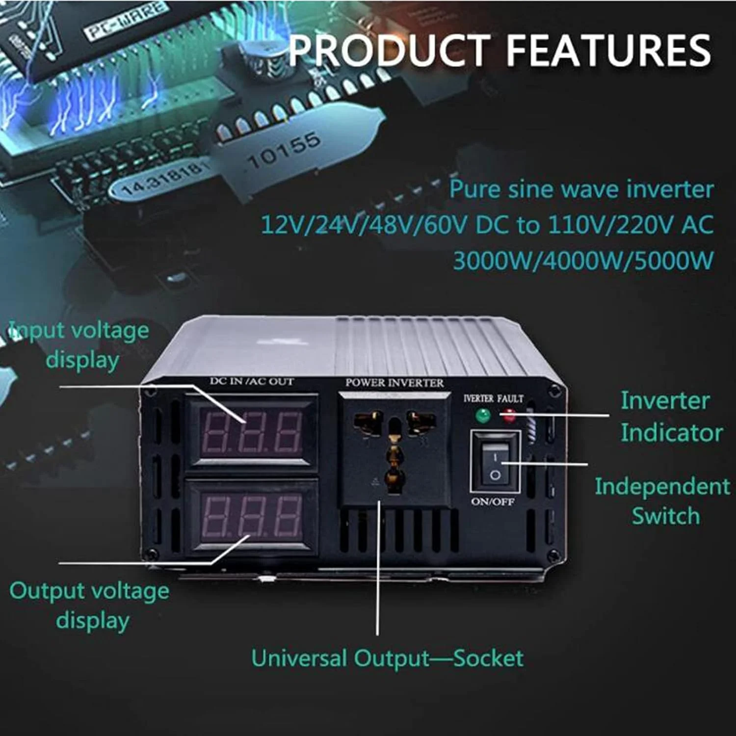 اینورتر موج سینوسی خالص SGSG با توان 3000W/4000W/5000W، تبدیل DC 12V/24V به AC 110V/220V با پورت های USB، مناسب برای فریزر، ماشین لباسشویی، مایکروویو، پمپ آب، اجاق گاز القایی، ابزار برقی، 5000W-48 اینورتر موج سینوسی خالص SGSG با توان 3000W/4000W/5000W، تبدیل DC 12V/24V به AC 110V/220V با پورت های USB، مناسب برای فریزر، ماشین لباسشویی، مایکروویو، پمپ آب، اجاق گاز القایی، ابزار برقی، 5000W-48