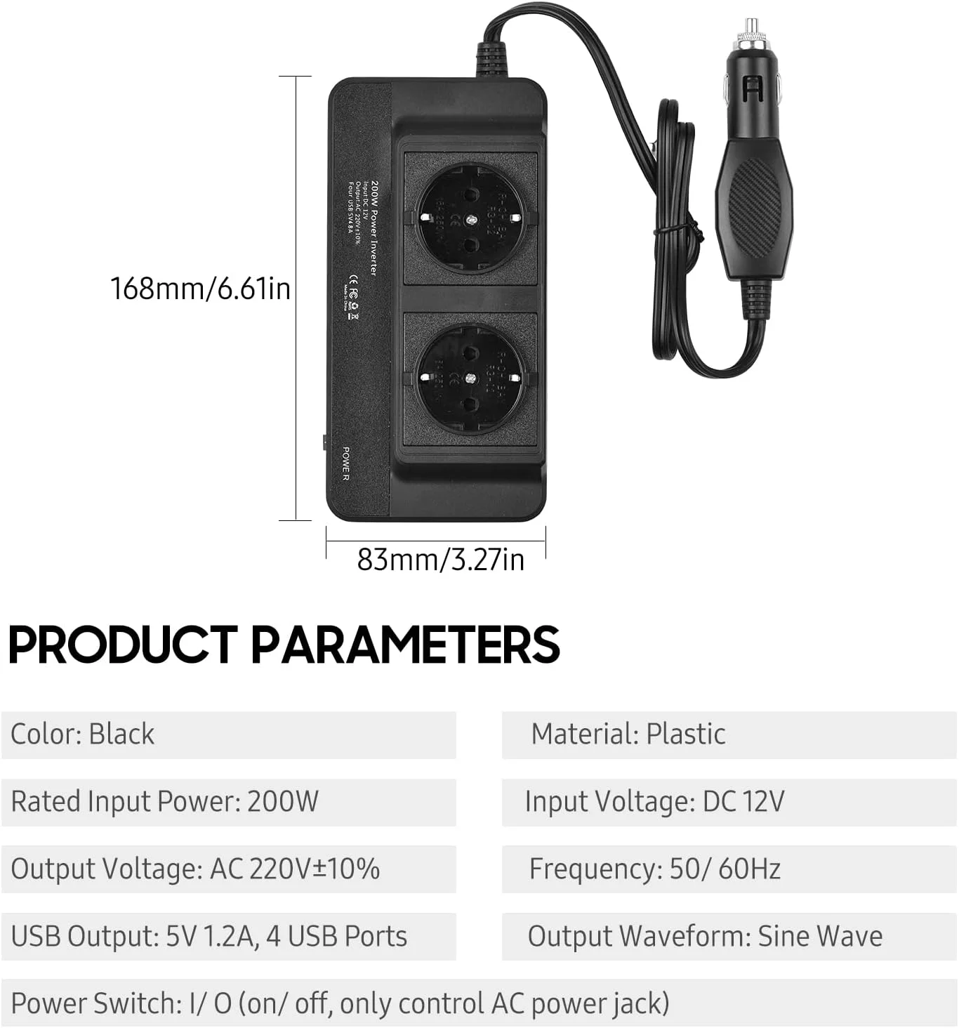 اینورتر برق خودرو 200 وات به مبدل AC 220 ولت با 2 پریز AC و 4 پورت USB، کلید روشن/خاموش، محافظت ایمن، آداپتور شارژر قابل حمل خودرو برای تلفن، لپ تاپ، چراغ های برقی، فن ها DOOMUN اینورتر برق خودرو 200 وات به مبدل AC 220 ولت با 2 پریز AC و 4 پورت USB، کلید روشن/خاموش، محافظت ایمن، آداپتور شارژر قابل حمل خودرو برای تلفن، لپ تاپ، چراغ های برقی، فن ها DOOMUN