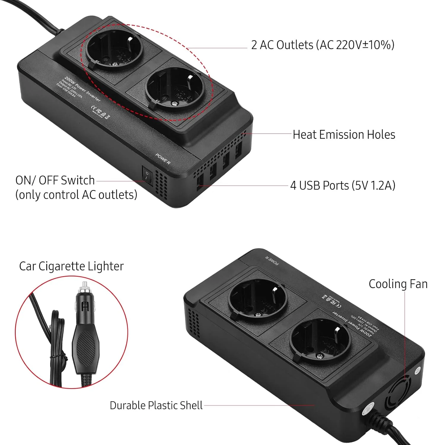 اینورتر برق خودرو 200 وات به مبدل AC 220 ولت با 2 پریز AC و 4 پورت USB، کلید روشن/خاموش، محافظت ایمن، آداپتور شارژر قابل حمل خودرو برای تلفن، لپ تاپ، چراغ های برقی، فن ها DOOMUN اینورتر برق خودرو 200 وات به مبدل AC 220 ولت با 2 پریز AC و 4 پورت USB، کلید روشن/خاموش، محافظت ایمن، آداپتور شارژر قابل حمل خودرو برای تلفن، لپ تاپ، چراغ های برقی، فن ها DOOMUN