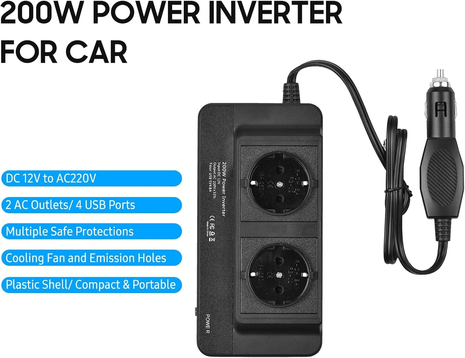 اینورتر برق خودرو 200 وات به مبدل AC 220 ولت با 2 پریز AC و 4 پورت USB، کلید روشن/خاموش، محافظت ایمن، آداپتور شارژر قابل حمل خودرو برای تلفن، لپ تاپ، چراغ های برقی، فن ها DOOMUN اینورتر برق خودرو 200 وات به مبدل AC 220 ولت با 2 پریز AC و 4 پورت USB، کلید روشن/خاموش، محافظت ایمن، آداپتور شارژر قابل حمل خودرو برای تلفن، لپ تاپ، چراغ های برقی، فن ها DOOMUN
