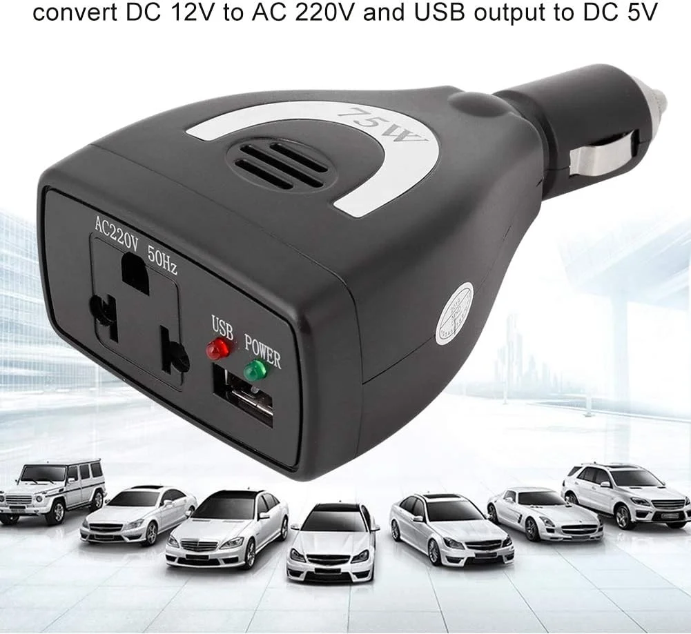اینورتر برق خودرو کیمیس 75 وات 12 ولت به 220 ولت با آداپتور USB برای تلفن همراه، MP3، فن، لوازم برقی قابل حمل اینورتر برق خودرو کیمیس 75 وات 12 ولت به 220 ولت با آداپتور USB برای تلفن همراه، MP3، فن، لوازم برقی قابل حمل