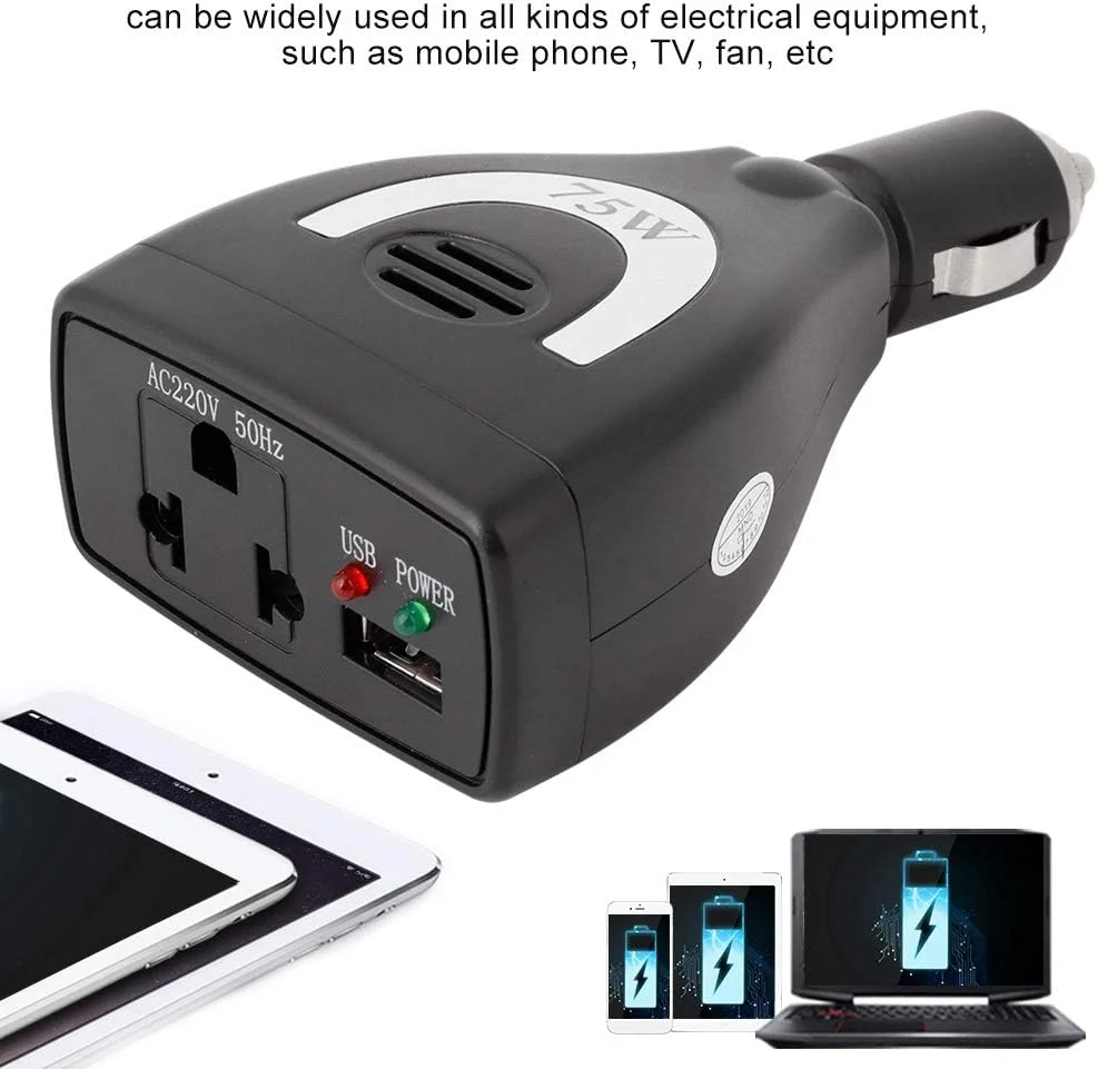 اینورتر برق خودرو کیمیس 75 وات 12 ولت به 220 ولت با آداپتور USB برای تلفن همراه، MP3، فن، لوازم برقی قابل حمل اینورتر برق خودرو کیمیس 75 وات 12 ولت به 220 ولت با آداپتور USB برای تلفن همراه، MP3، فن، لوازم برقی قابل حمل