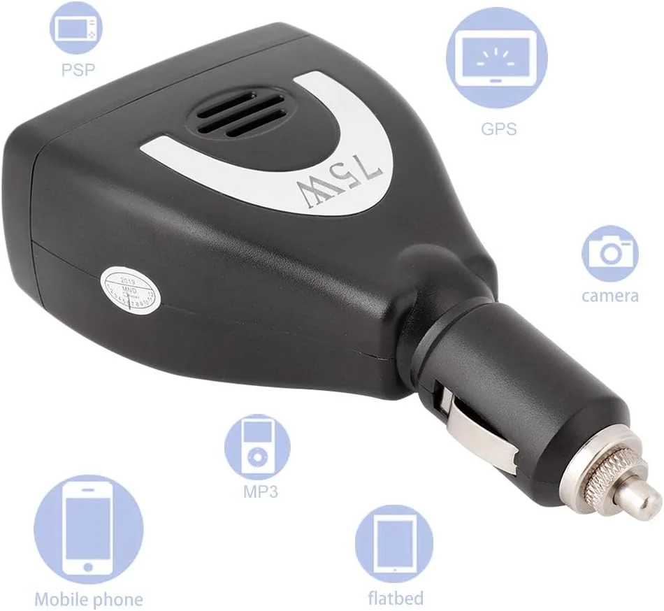 اینورتر برق خودرو کیمیس 75 وات 12 ولت به 220 ولت با آداپتور USB برای تلفن همراه، MP3، فن، لوازم برقی قابل حمل اینورتر برق خودرو کیمیس 75 وات 12 ولت به 220 ولت با آداپتور USB برای تلفن همراه، MP3، فن، لوازم برقی قابل حمل