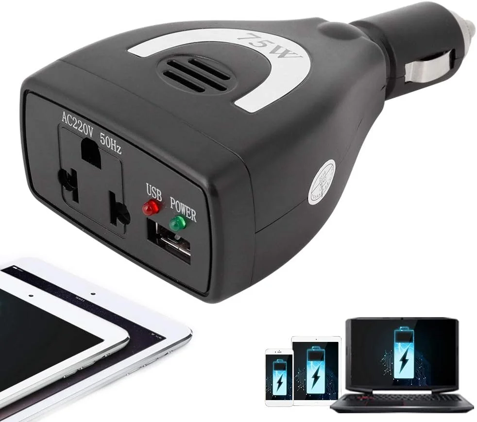 اینورتر برق خودرو کیمیس 75 وات 12 ولت به 220 ولت با آداپتور USB برای تلفن همراه، MP3، فن، لوازم برقی قابل حمل اینورتر برق خودرو کیمیس 75 وات 12 ولت به 220 ولت با آداپتور USB برای تلفن همراه، MP3، فن، لوازم برقی قابل حمل