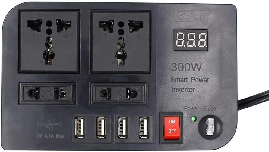 اینورتر برق خودرو 300 وات QHYXT با نمایشگر LED، دو پورت USB، موج سینوسی خالص، 4 پورت USB، شارژر مبدل قابل حمل