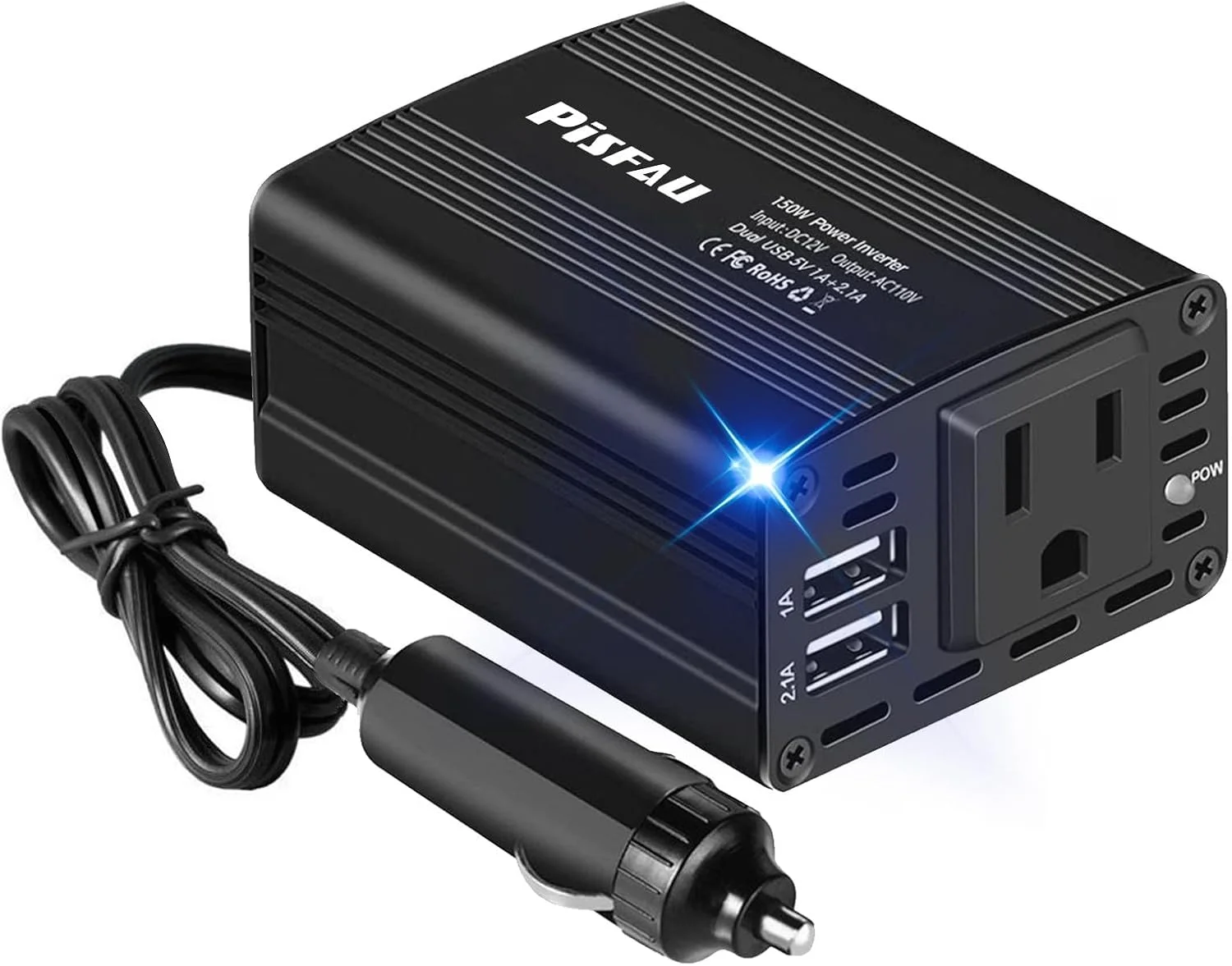 اینورتر برق 150 وات PiSFAU، مبدل 12 ولت DC به 110 ولت AC، آداپتور پریز خودرو با شارژر دوگانه USB 3.1 آمپر AC برای لپ تاپ، مشکی (MT-MX150)