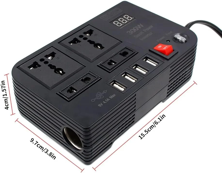 اینورتر برق خودرو 300 وات QHYXT با نمایشگر LED، دو پورت USB، موج سینوسی خالص، 4 پورت USB، شارژر مبدل قابل حمل اینورتر برق خودرو 300 وات QHYXT با نمایشگر LED، دو پورت USB، موج سینوسی خالص، 4 پورت USB، شارژر مبدل قابل حمل