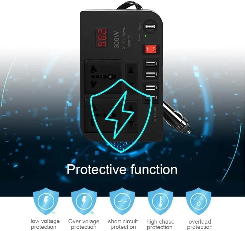 اینورتر خودرو 300 وات - تبدیل 12V/24V DC به 220V AC با 4 پورت شارژ سریع USB برای تامین برق در سفر اینورتر خودرو 300 وات - تبدیل 12V/24V DC به 220V AC با 4 پورت شارژ سریع USB برای تامین برق در سفر