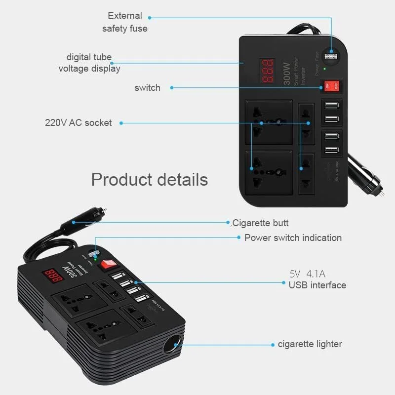 اینورتر خودرو 300 وات - تبدیل 12V/24V DC به 220V AC با 4 پورت شارژ سریع USB برای تامین برق در سفر اینورتر خودرو 300 وات - تبدیل 12V/24V DC به 220V AC با 4 پورت شارژ سریع USB برای تامین برق در سفر