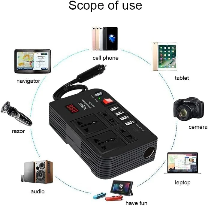 اینورتر خودرو 300 وات - تبدیل 12V/24V DC به 220V AC با 4 پورت شارژ سریع USB برای تامین برق در سفر اینورتر خودرو 300 وات - تبدیل 12V/24V DC به 220V AC با 4 پورت شارژ سریع USB برای تامین برق در سفر