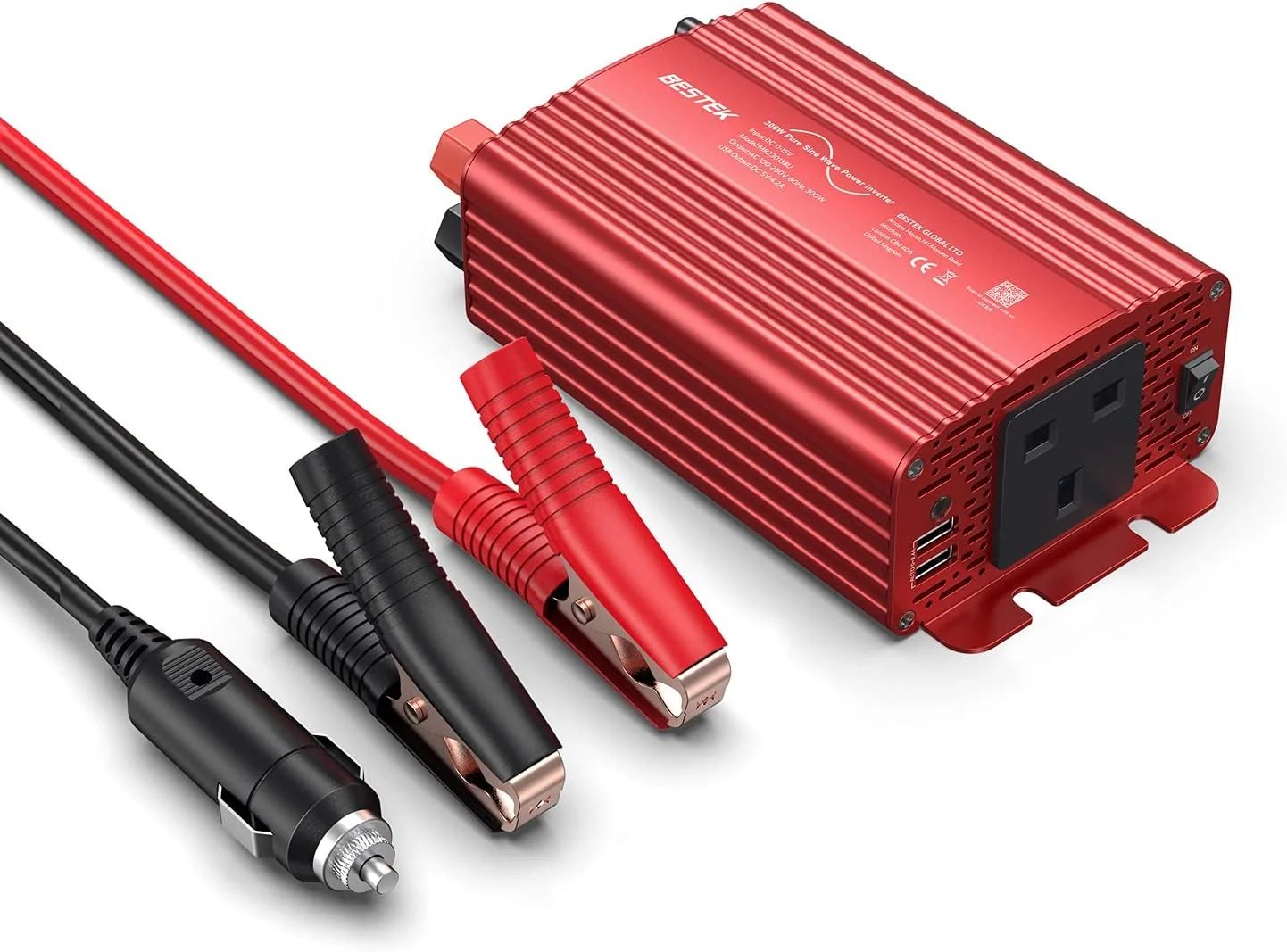 اینورتر برق 300 وات BESTEK، مبدل ولتاژ DC 12V به AC 230V خودرو با آداپتور فندکی باتری 12 ولت و 2 پورت شارژ USB
