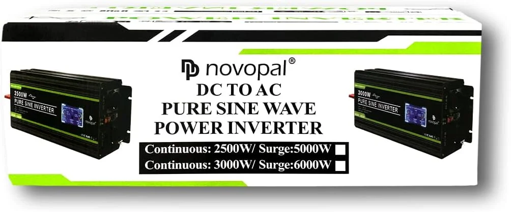 اینورتر موج سینوسی خالص NOVOPAL - 3000 وات 12 ولت به 230 ولت 240 ولت مبدل خودرو اینورتر برق با صفحه نمایش LCD 2 خروجی AC و پورت USB 2.1 آمپر - کنترل از راه دور برای خانه های سیار، کامیون، قایق، کمپینگ، خانگی، ون