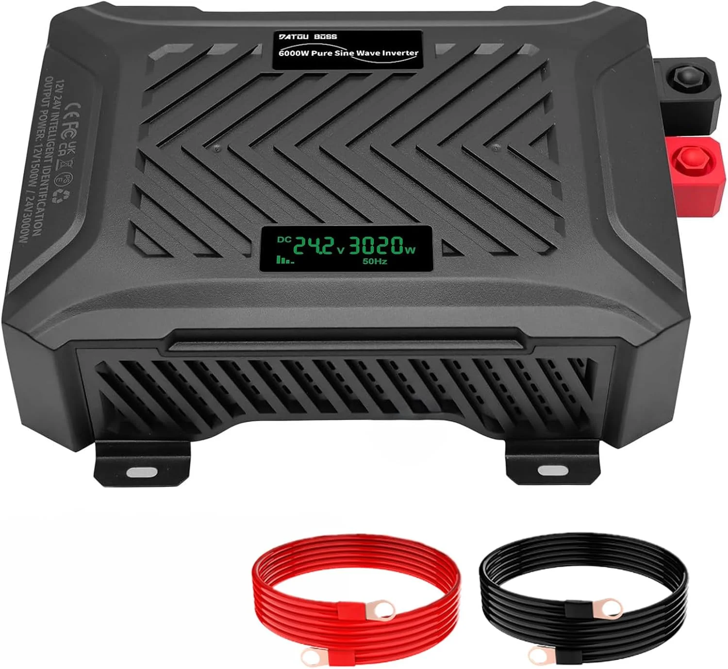 اینورتر سینوسی خالص جهانی DATOUBOSS 12V/24V به 220V 1500W/3000W، توان پیک 3000W/6000W با سیستم تشخیص هوشمند، صفحه نمایش LCD و 2 سوکت EU