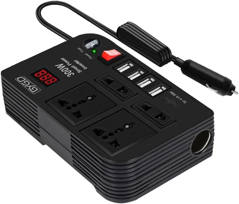 اینورتر برق 300 واتی Bouncy، شارژر خودرو، اینورتر برق خودرو، DC 12V به AC 220V، مبدل برق خودرو با USB 4.1A، مبدل آداپتور فندکی خودرو، با 4 پریز AC، نمایشگر دیجیتال هوشمند