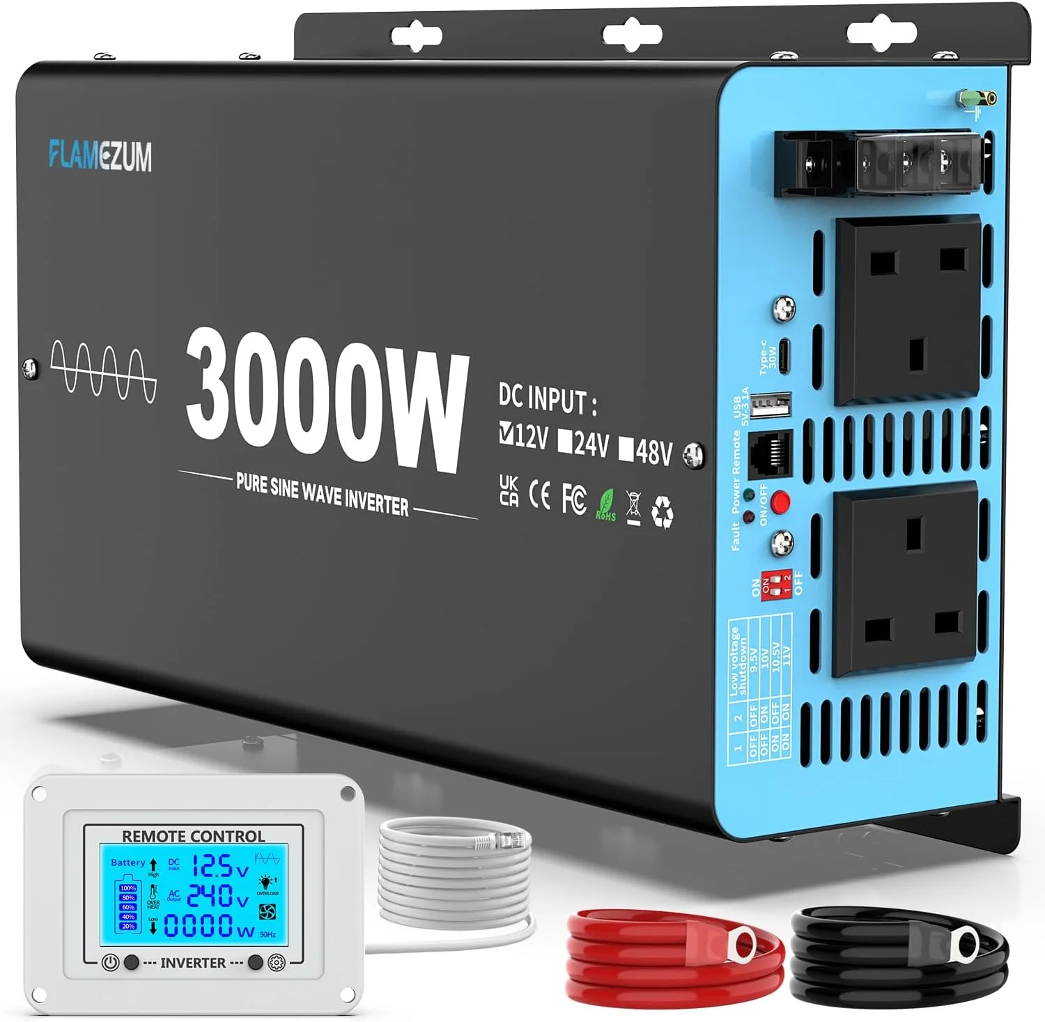 اینورتر موج سینوسی خالص 3000 وات FLAMEZUM 2024، مبدل ولتاژ DC 12V به AC 240V با 2 خروجی AC، 1 پورت USB-A، 1 پورت USB-C، کنترل از راه دور LCD، برای موتورخانه، کامیون، قایق، کمپینگ، 6000 وات پیک