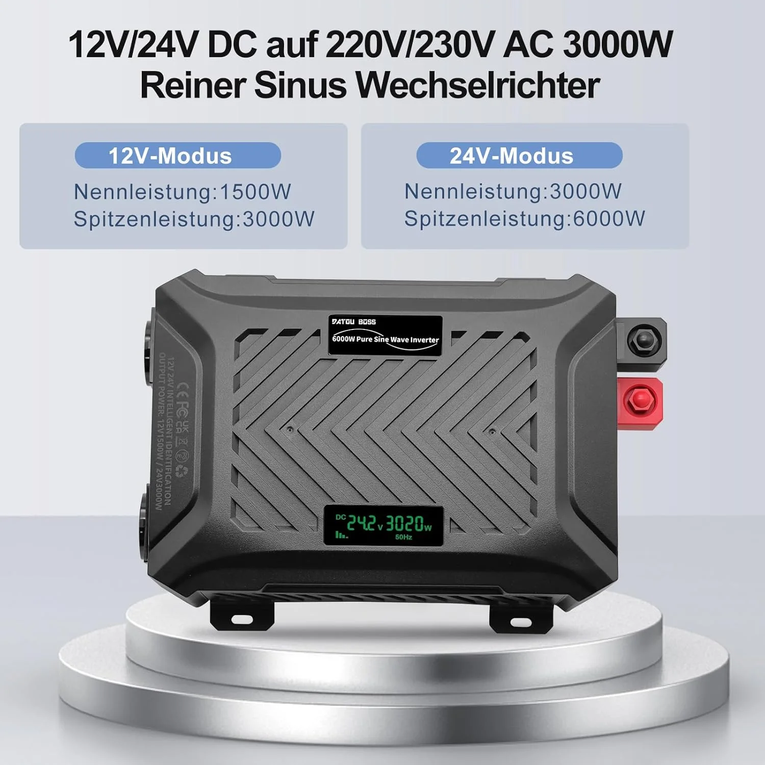 اینورتر سینوسی خالص جهانی DATOUBOSS 12V/24V به 220V 1500W/3000W، توان پیک 3000W/6000W با سیستم تشخیص هوشمند، صفحه نمایش LCD و 2 سوکت EU
