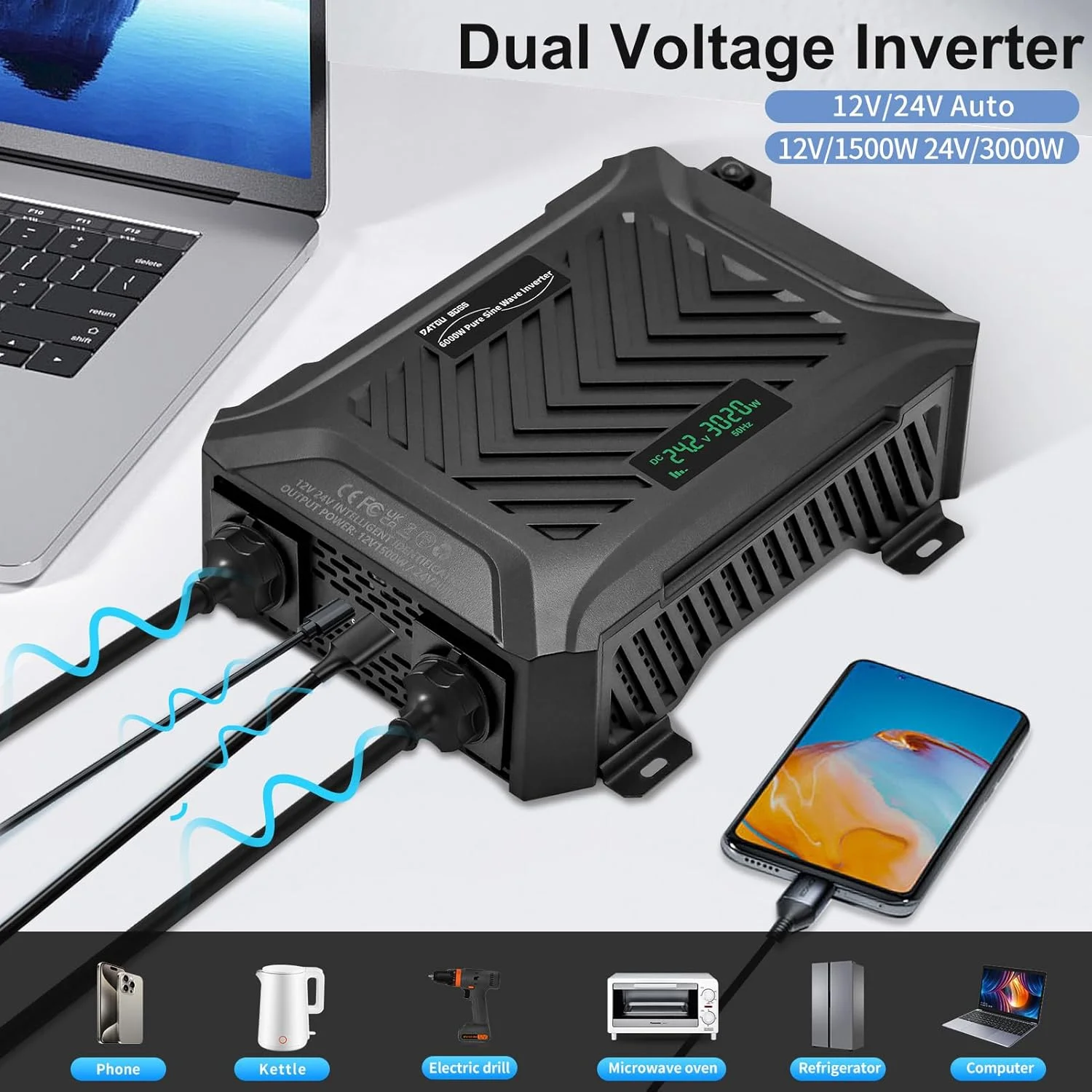 اینورتر سینوسی خالص جهانی DATOUBOSS 12V/24V به 220V 1500W/3000W، توان پیک 3000W/6000W با سیستم تشخیص هوشمند، صفحه نمایش LCD و 2 سوکت EU