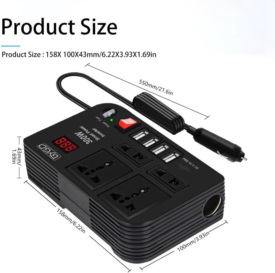 اینورتر برق 300 واتی Bouncy، شارژر خودرو، اینورتر برق خودرو، DC 12V به AC 220V، مبدل برق خودرو با USB 4.1A، مبدل آداپتور فندکی خودرو، با 4 پریز AC، نمایشگر دیجیتال هوشمند