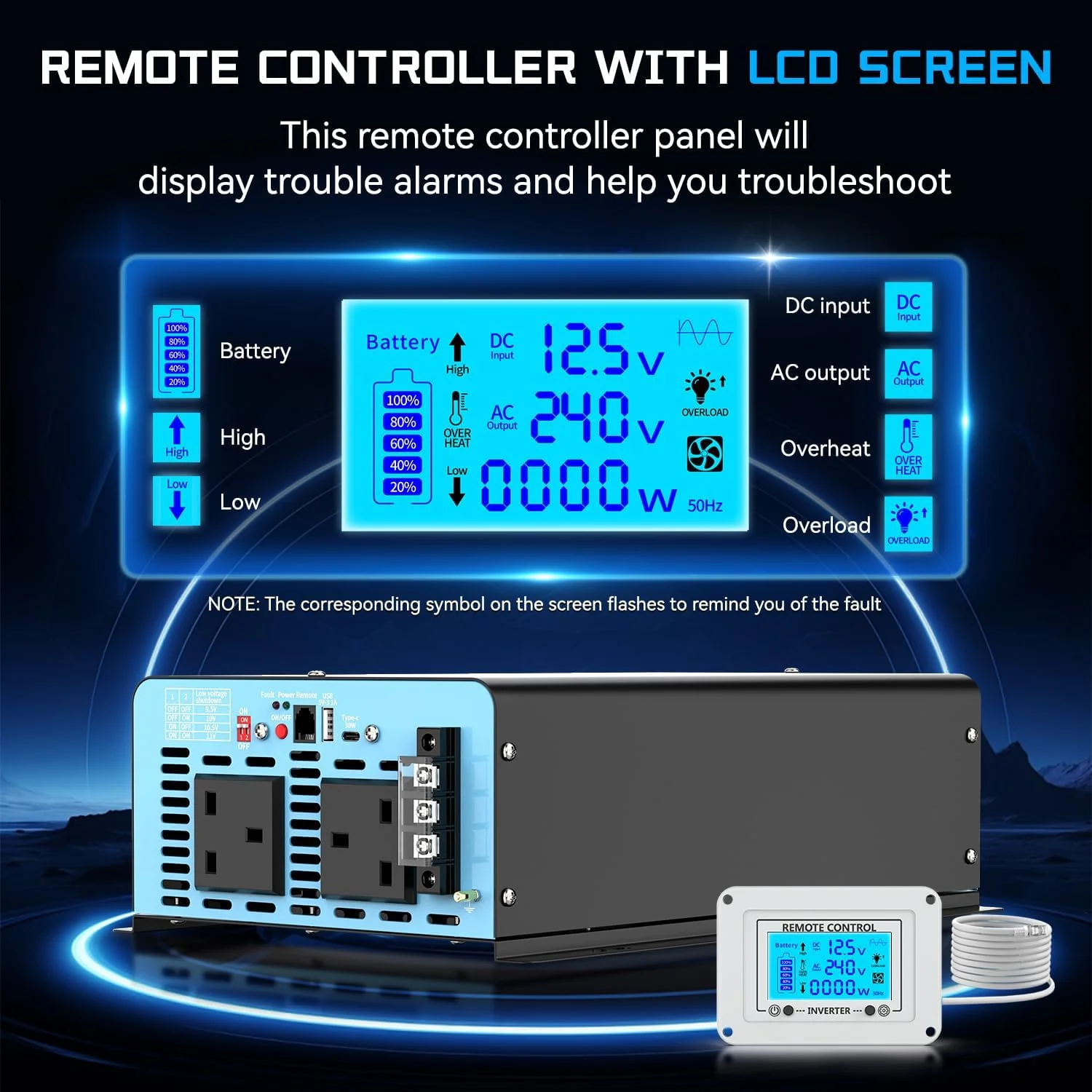 اینورتر موج سینوسی خالص 3000 وات FLAMEZUM 2024، مبدل ولتاژ DC 12V به AC 240V با 2 خروجی AC، 1 پورت USB-A، 1 پورت USB-C، کنترل از راه دور LCD، برای موتورخانه، کامیون، قایق، کمپینگ، 6000 وات پیک
