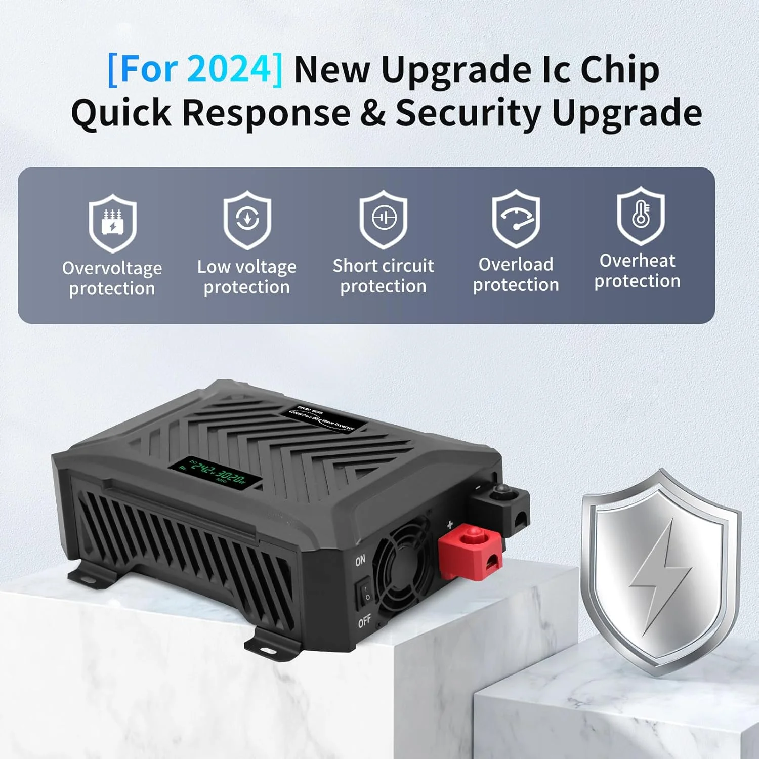 اینورتر سینوسی خالص جهانی DATOUBOSS 12V/24V به 220V 1500W/3000W، توان پیک 3000W/6000W با سیستم تشخیص هوشمند، صفحه نمایش LCD و 2 سوکت EU