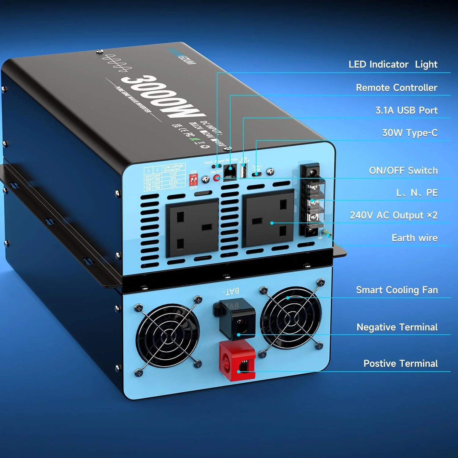 اینورتر موج سینوسی خالص 3000 وات FLAMEZUM 2024، مبدل ولتاژ DC 12V به AC 240V با 2 خروجی AC، 1 پورت USB-A، 1 پورت USB-C، کنترل از راه دور LCD، برای موتورخانه، کامیون، قایق، کمپینگ، 6000 وات پیک
