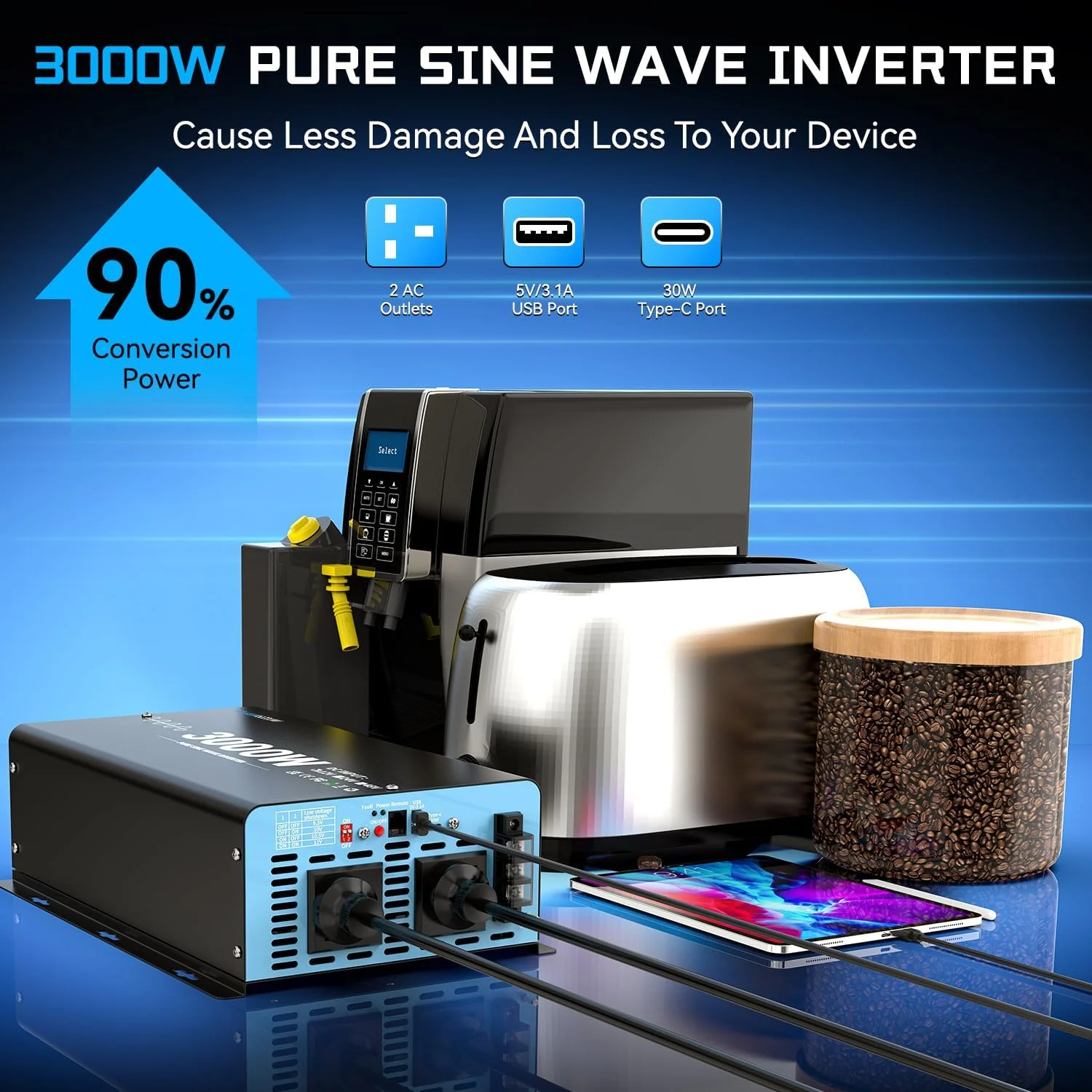 اینورتر موج سینوسی خالص 3000 وات FLAMEZUM 2024، مبدل ولتاژ DC 12V به AC 240V با 2 خروجی AC، 1 پورت USB-A، 1 پورت USB-C، کنترل از راه دور LCD، برای موتورخانه، کامیون، قایق، کمپینگ، 6000 وات پیک