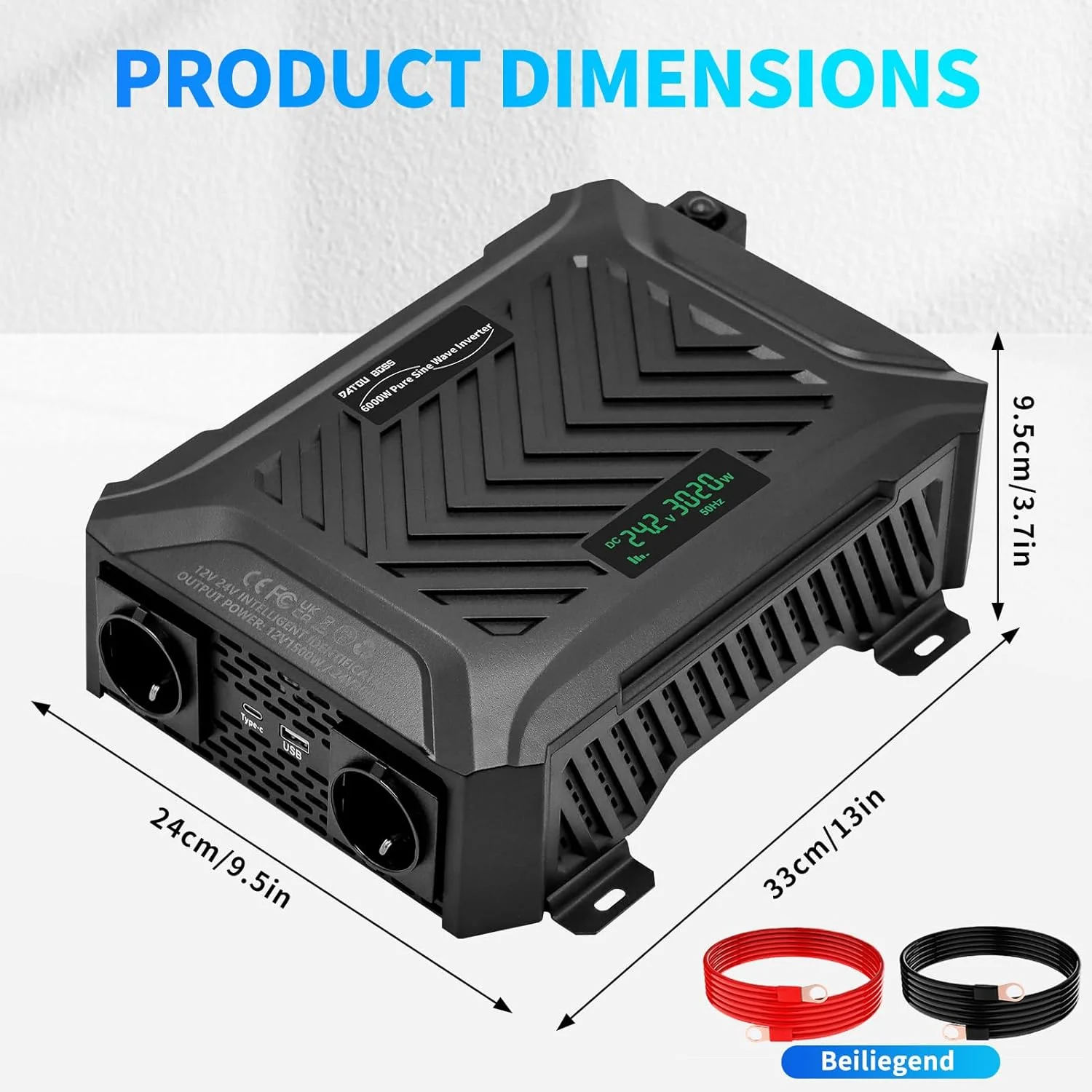 اینورتر سینوسی خالص جهانی DATOUBOSS 12V/24V به 220V 1500W/3000W، توان پیک 3000W/6000W با سیستم تشخیص هوشمند، صفحه نمایش LCD و 2 سوکت EU