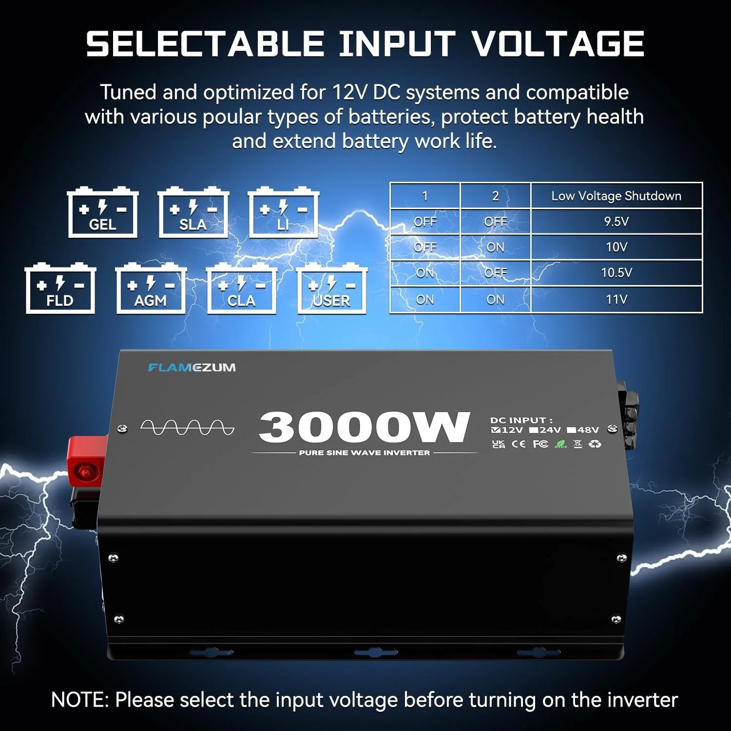 اینورتر موج سینوسی خالص 3000 وات FLAMEZUM 2024، مبدل ولتاژ DC 12V به AC 240V با 2 خروجی AC، 1 پورت USB-A، 1 پورت USB-C، کنترل از راه دور LCD، برای موتورخانه، کامیون، قایق، کمپینگ، 6000 وات پیک