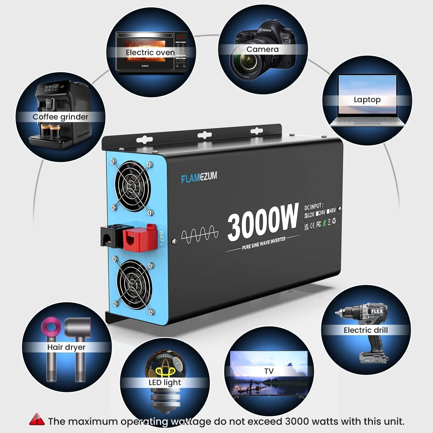 اینورتر موج سینوسی خالص 3000 وات FLAMEZUM 2024، مبدل ولتاژ DC 12V به AC 240V با 2 خروجی AC، 1 پورت USB-A، 1 پورت USB-C، کنترل از راه دور LCD، برای موتورخانه، کامیون، قایق، کمپینگ، 6000 وات پیک