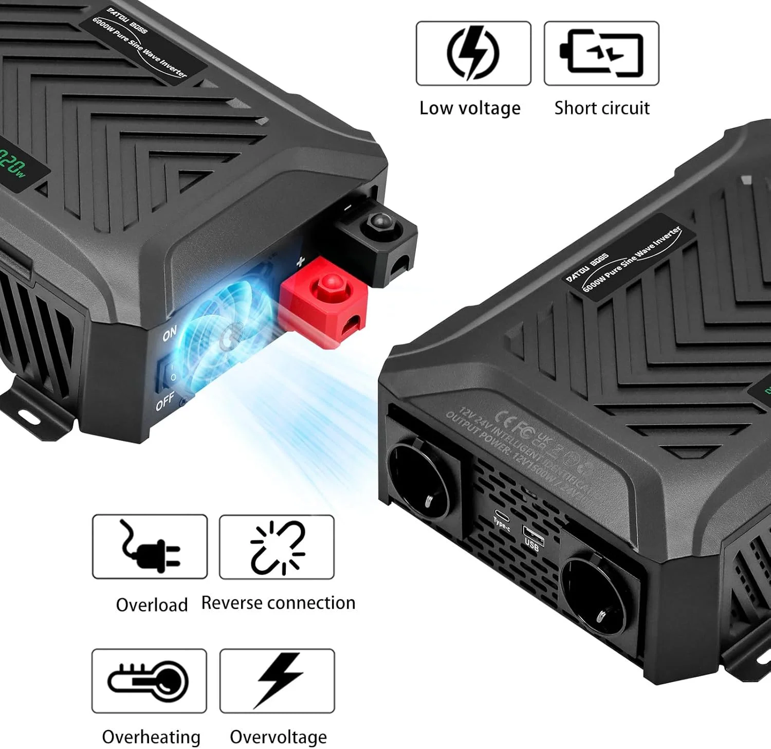 اینورتر سینوسی خالص جهانی DATOUBOSS 12V/24V به 220V 1500W/3000W، توان پیک 3000W/6000W با سیستم تشخیص هوشمند، صفحه نمایش LCD و 2 سوکت EU