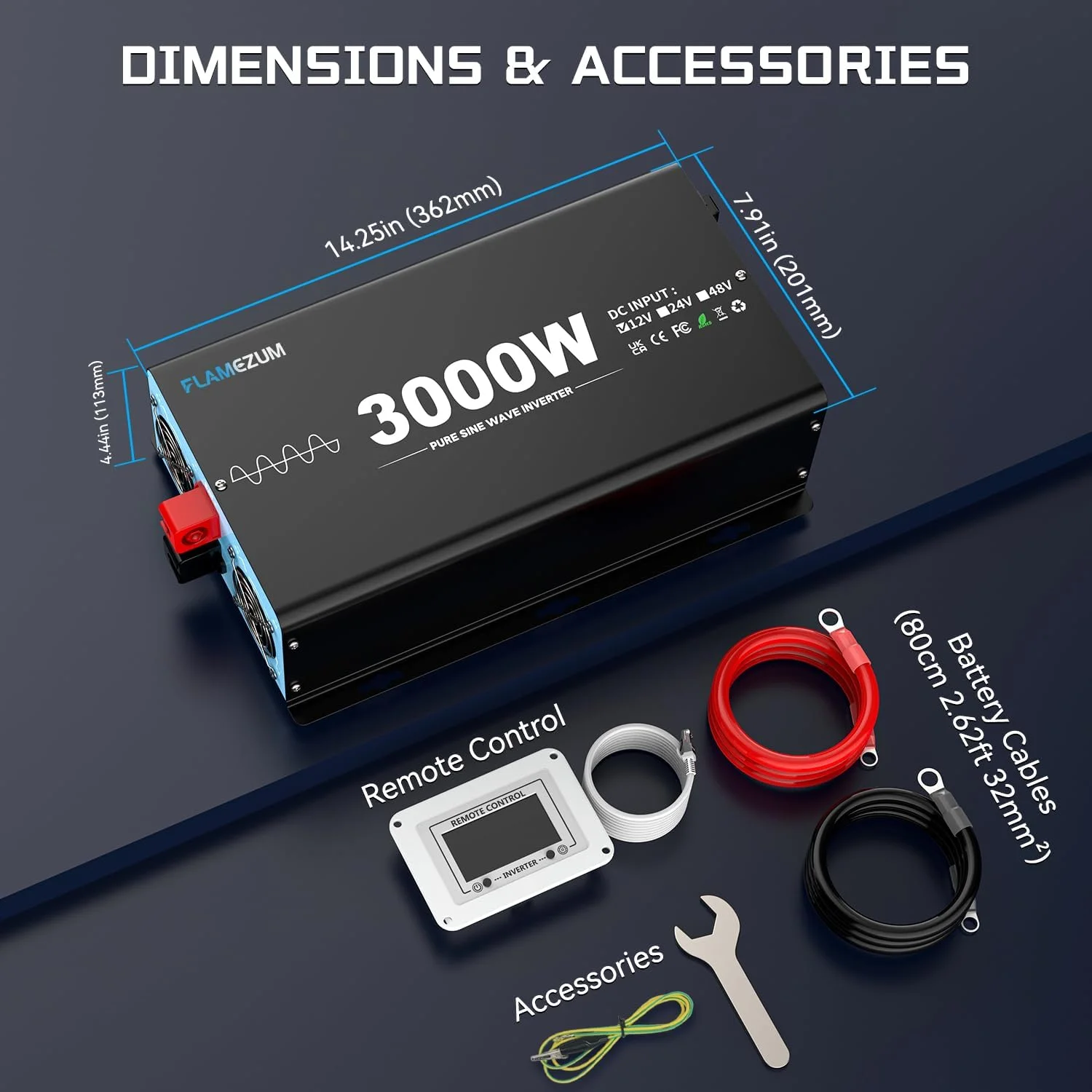 اینورتر موج سینوسی خالص 3000 وات FLAMEZUM 2024، مبدل ولتاژ DC 12V به AC 240V با 2 خروجی AC، 1 پورت USB-A، 1 پورت USB-C، کنترل از راه دور LCD، برای موتورخانه، کامیون، قایق، کمپینگ، 6000 وات پیک
