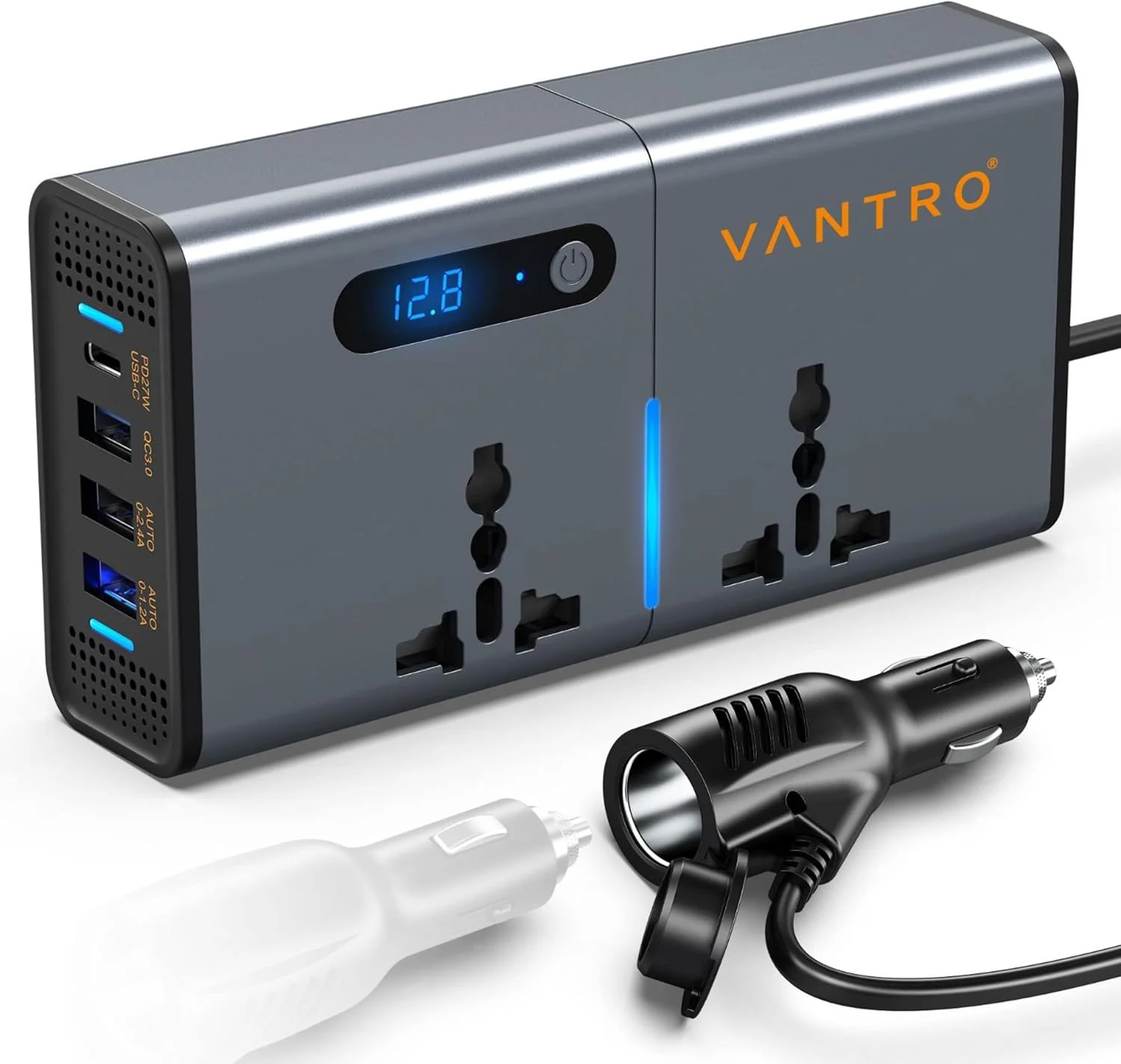 اینورتر برق خودرو 200 وات Vantro / شارژر لپ تاپ با 3 پورت USB (حداکثر 6.2 آمپر) و 1 پورت هوشمند USB نوع C (1*27WPD)، 2 خروجی AC جهانی و 12 ولت DC به 220 ولت AC با QC3.0 مدل P2