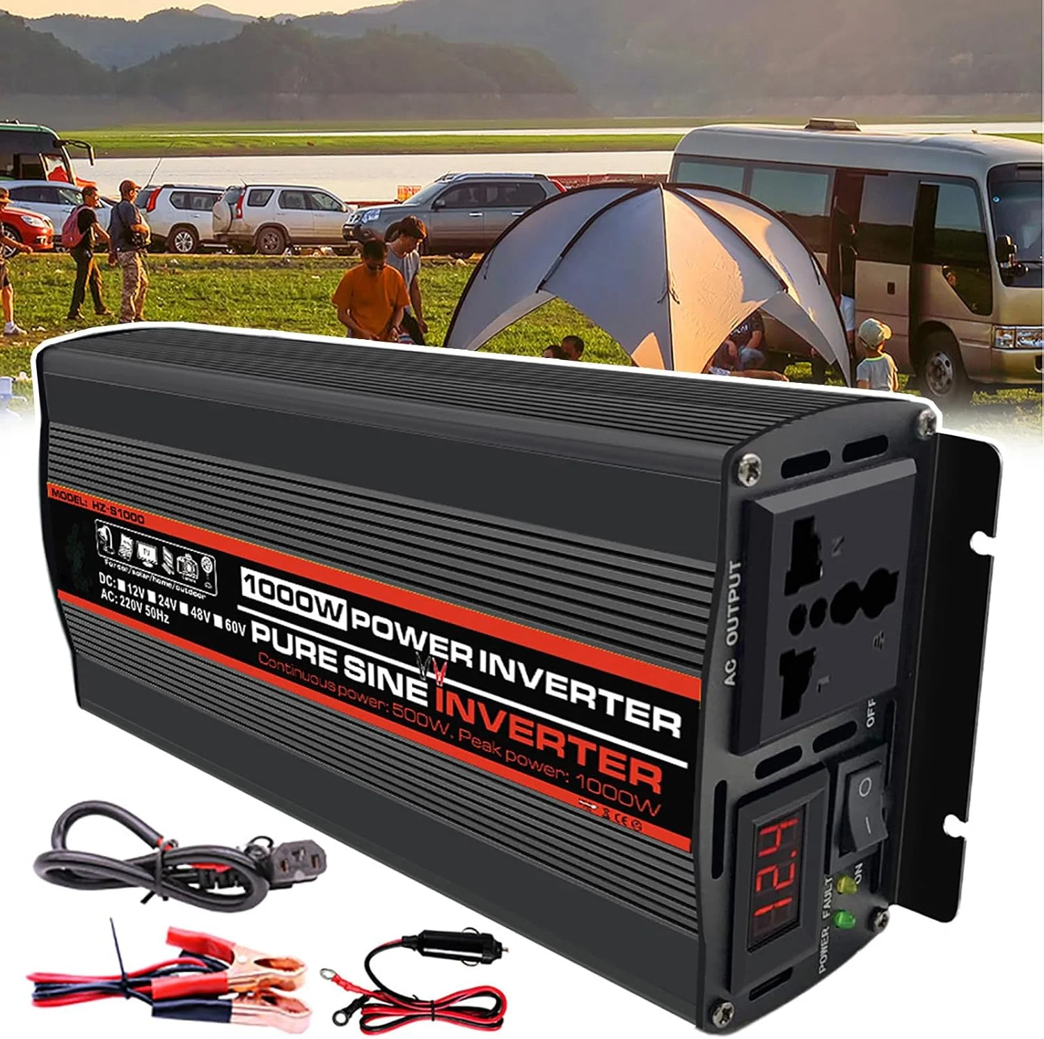 اینورتر موج سینوسی خالص ZILOOK 1000W-4000W، اینورتر خودرو DC 12V-60V به AC 220V، با پریز AC + نمایشگر LED، مسافرت، کمپینگ، خانه، 1000W-24V