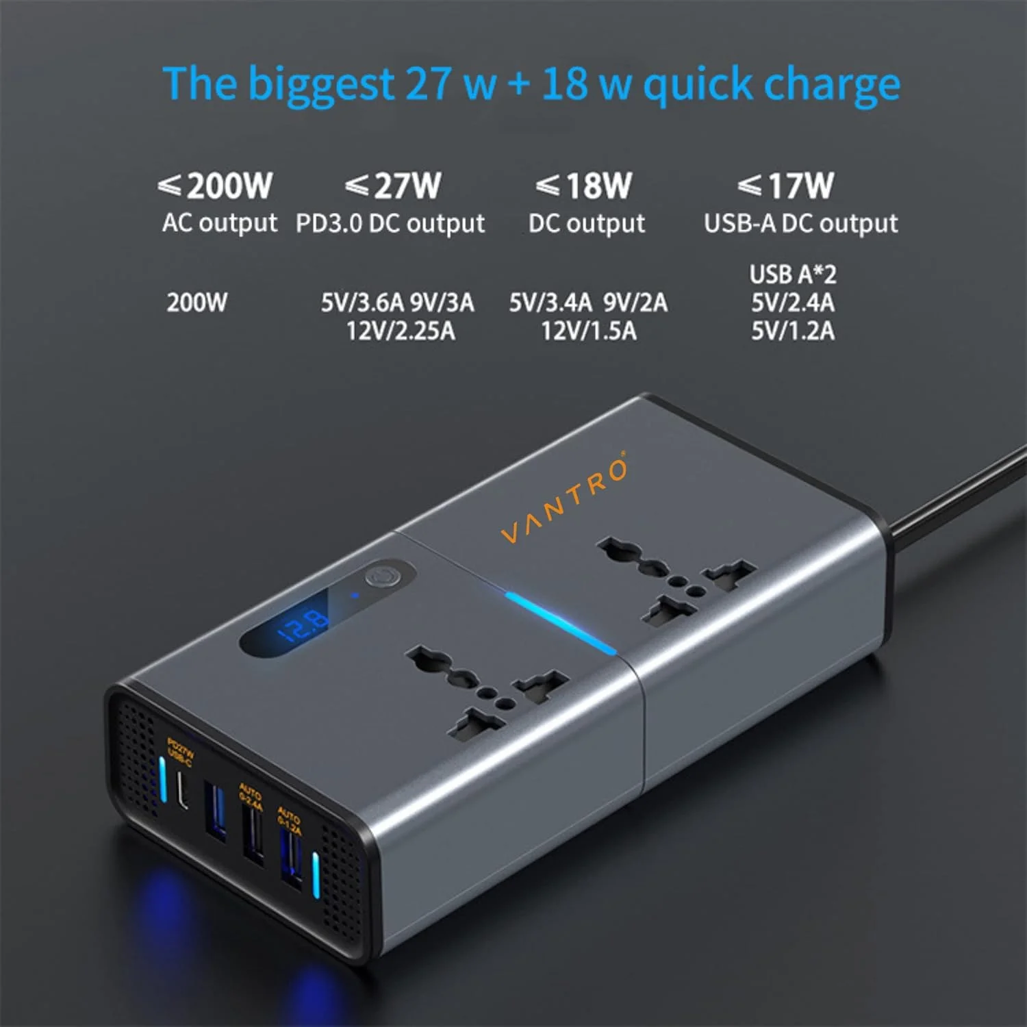 اینورتر برق خودرو 200 وات Vantro / شارژر لپ تاپ با 3 پورت USB (حداکثر 6.2 آمپر) و 1 پورت هوشمند USB نوع C (1*27WPD)، 2 خروجی AC جهانی و 12 ولت DC به 220 ولت AC با QC3.0 مدل P2 اینورتر برق خودرو 200 وات Vantro / شارژر لپ تاپ با 3 پورت USB (حداکثر 6.2 آمپر) و 1 پورت هوشمند USB نوع C (1*27WPD)، 2 خروجی AC جهانی و 12 ولت DC به 220 ولت AC با QC3.0 مدل P2