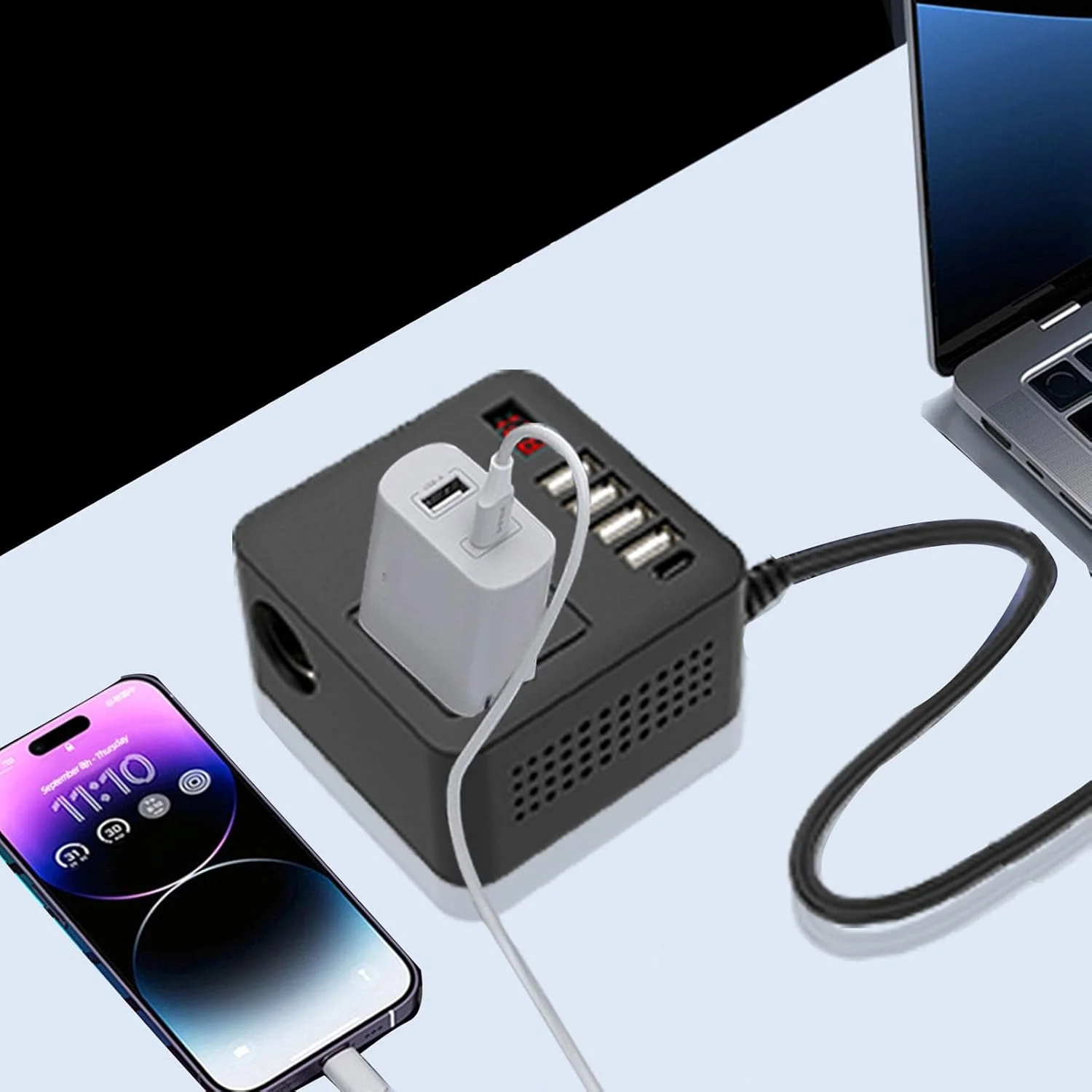 اینورتر برق خودرو Eujgoov 150W، شارژر مبدل اینورتر خودرو DC 12V 24V به AC 110V 220V با 4 پورت USB + 1 پورت Type C اینورتر برق خودرو Eujgoov 150W، شارژر مبدل اینورتر خودرو DC 12V 24V به AC 110V 220V با 4 پورت USB + 1 پورت Type C