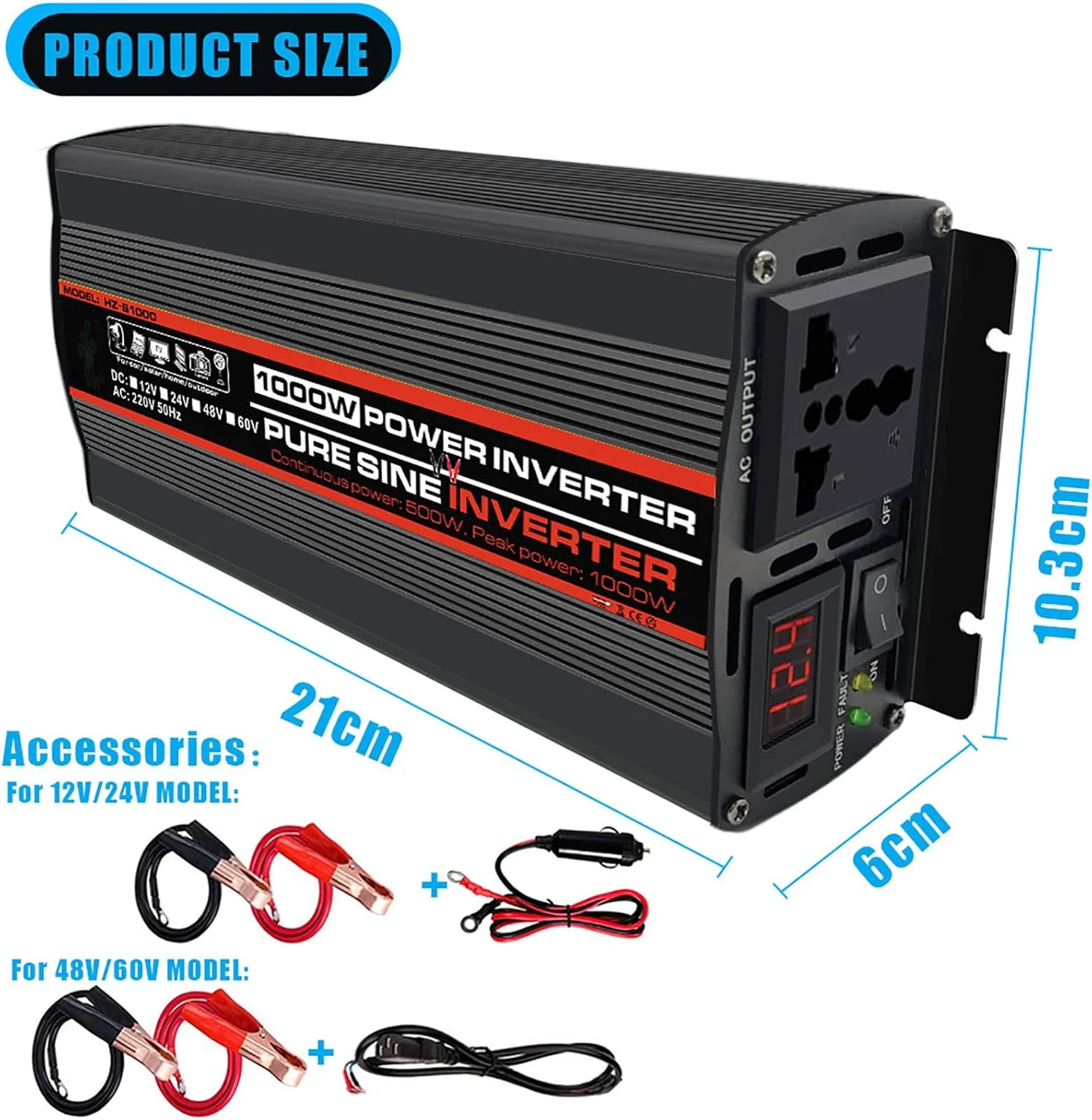 اینورتر موج سینوسی خالص ZILOOK 1000W-4000W، اینورتر خودرو DC 12V-60V به AC 220V، با پریز AC + نمایشگر LED، مسافرت، کمپینگ، خانه، 1000W-24V