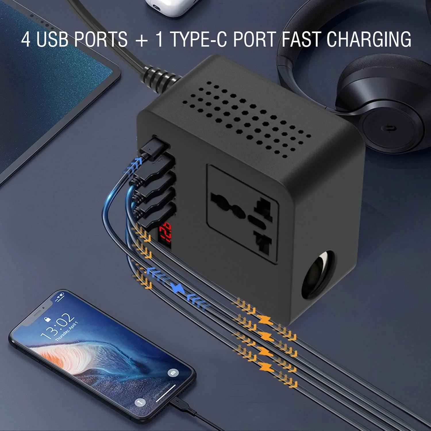اینورتر برق خودرو Eujgoov 150W، شارژر مبدل اینورتر خودرو DC 12V 24V به AC 110V 220V با 4 پورت USB + 1 پورت Type C اینورتر برق خودرو Eujgoov 150W، شارژر مبدل اینورتر خودرو DC 12V 24V به AC 110V 220V با 4 پورت USB + 1 پورت Type C