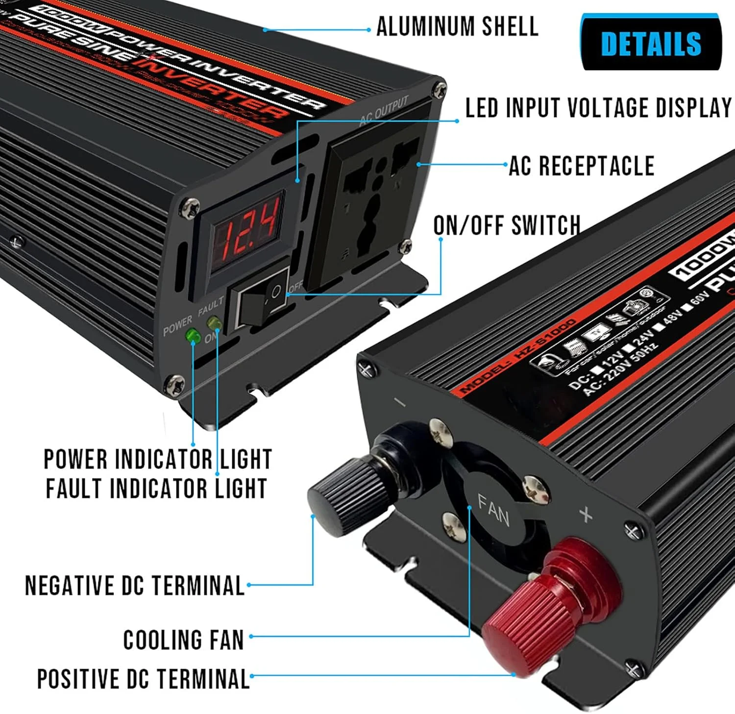 اینورتر موج سینوسی خالص ZILOOK 1000W-4000W، اینورتر خودرو DC 12V-60V به AC 220V، با پریز AC + نمایشگر LED، مسافرت، کمپینگ، خانه، 1000W-24V