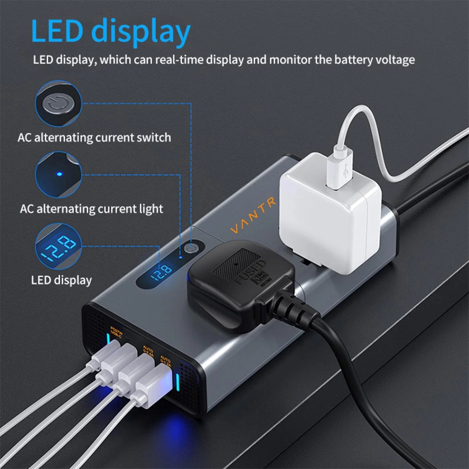 اینورتر برق خودرو 200 وات Vantro / شارژر لپ تاپ با 3 پورت USB (حداکثر 6.2 آمپر) و 1 پورت هوشمند USB نوع C (1*27WPD)، 2 خروجی AC جهانی و 12 ولت DC به 220 ولت AC با QC3.0 مدل P2 اینورتر برق خودرو 200 وات Vantro / شارژر لپ تاپ با 3 پورت USB (حداکثر 6.2 آمپر) و 1 پورت هوشمند USB نوع C (1*27WPD)، 2 خروجی AC جهانی و 12 ولت DC به 220 ولت AC با QC3.0 مدل P2