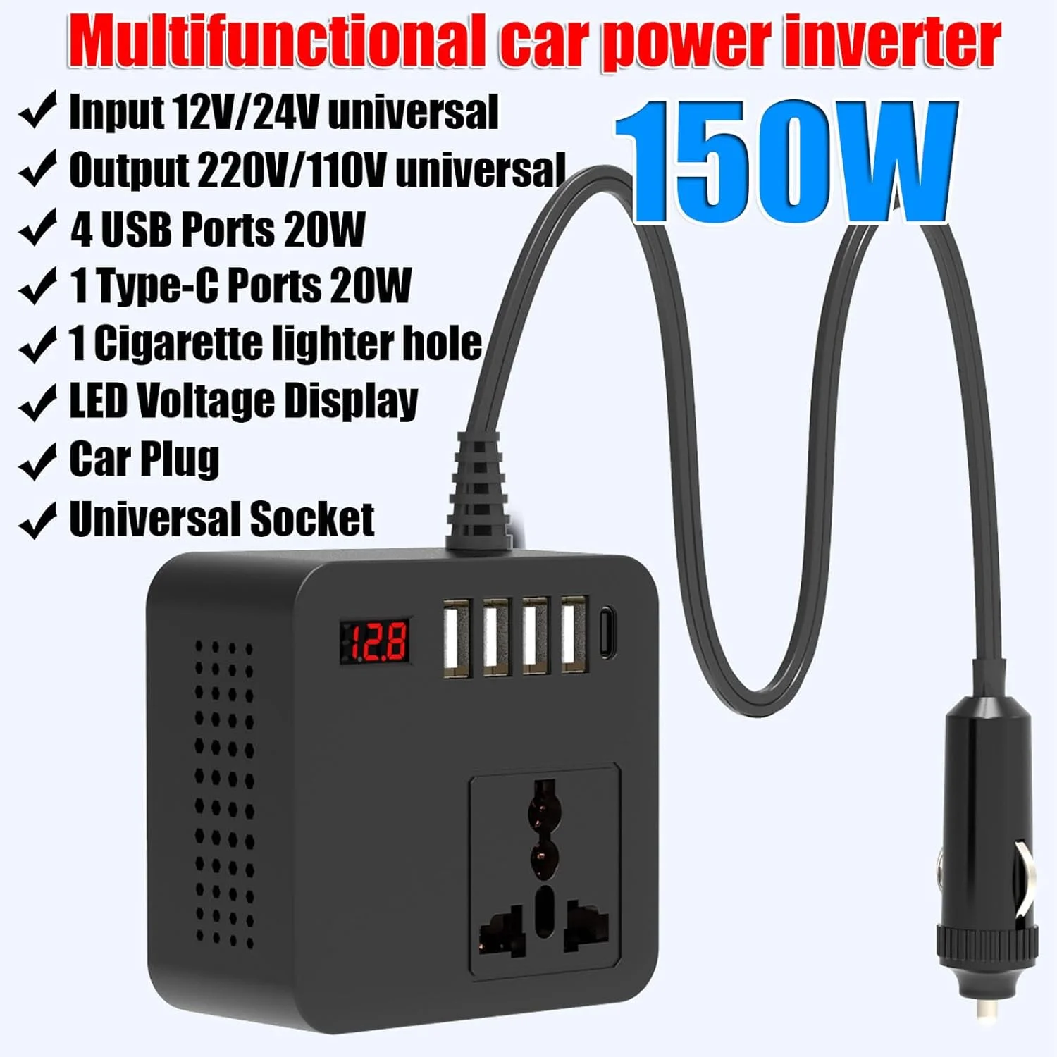 اینورتر برق خودرو Eujgoov 150W، شارژر مبدل اینورتر خودرو DC 12V 24V به AC 110V 220V با 4 پورت USB + 1 پورت Type C اینورتر برق خودرو Eujgoov 150W، شارژر مبدل اینورتر خودرو DC 12V 24V به AC 110V 220V با 4 پورت USB + 1 پورت Type C