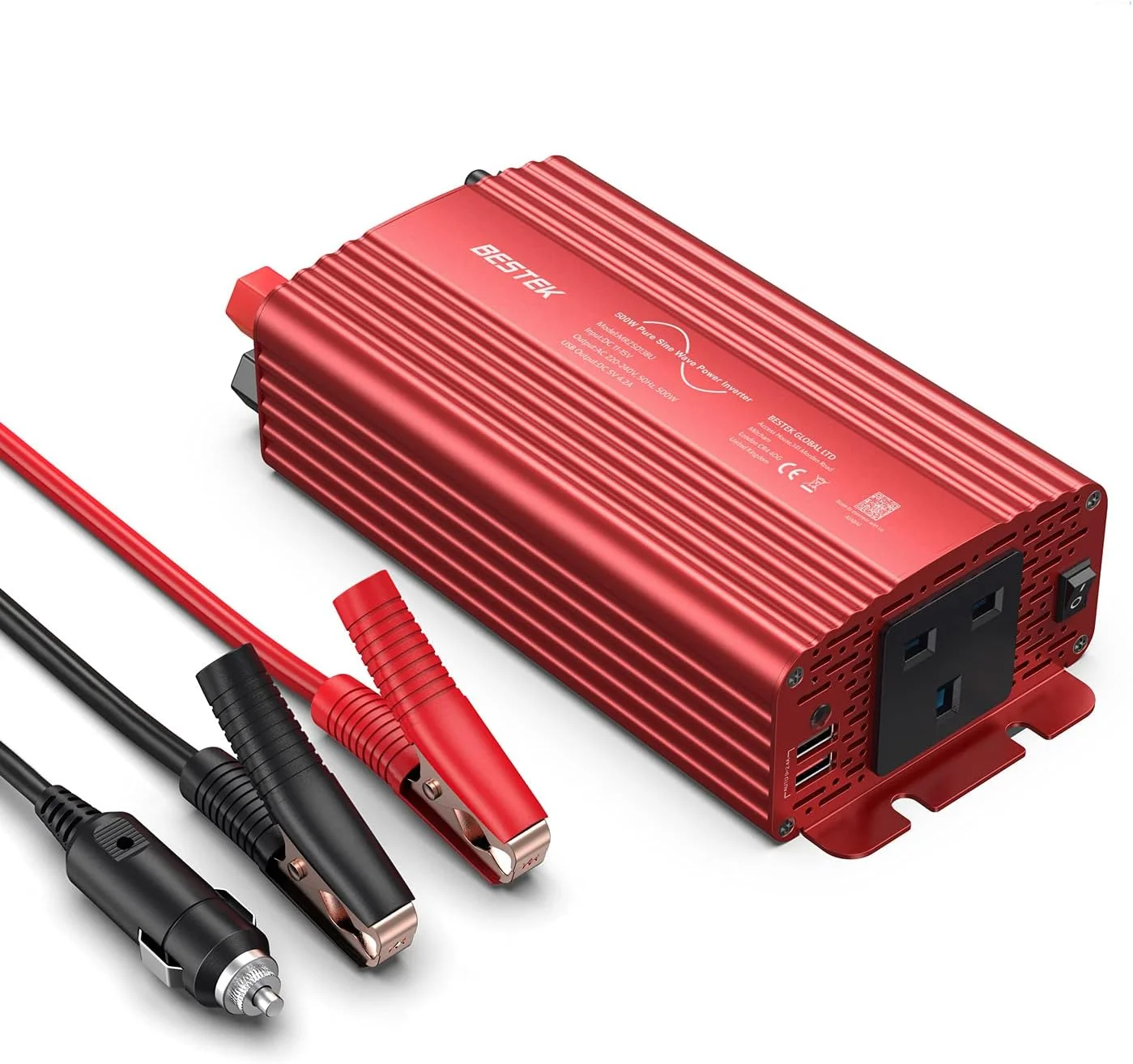 اینورتر موج سینوسی خالص 500 وات BESTEK، مبدل DC 12V به AC 230V 240V با دو پورت USB هوشمند 4.2 آمپر، آداپتور خودرو قرمز