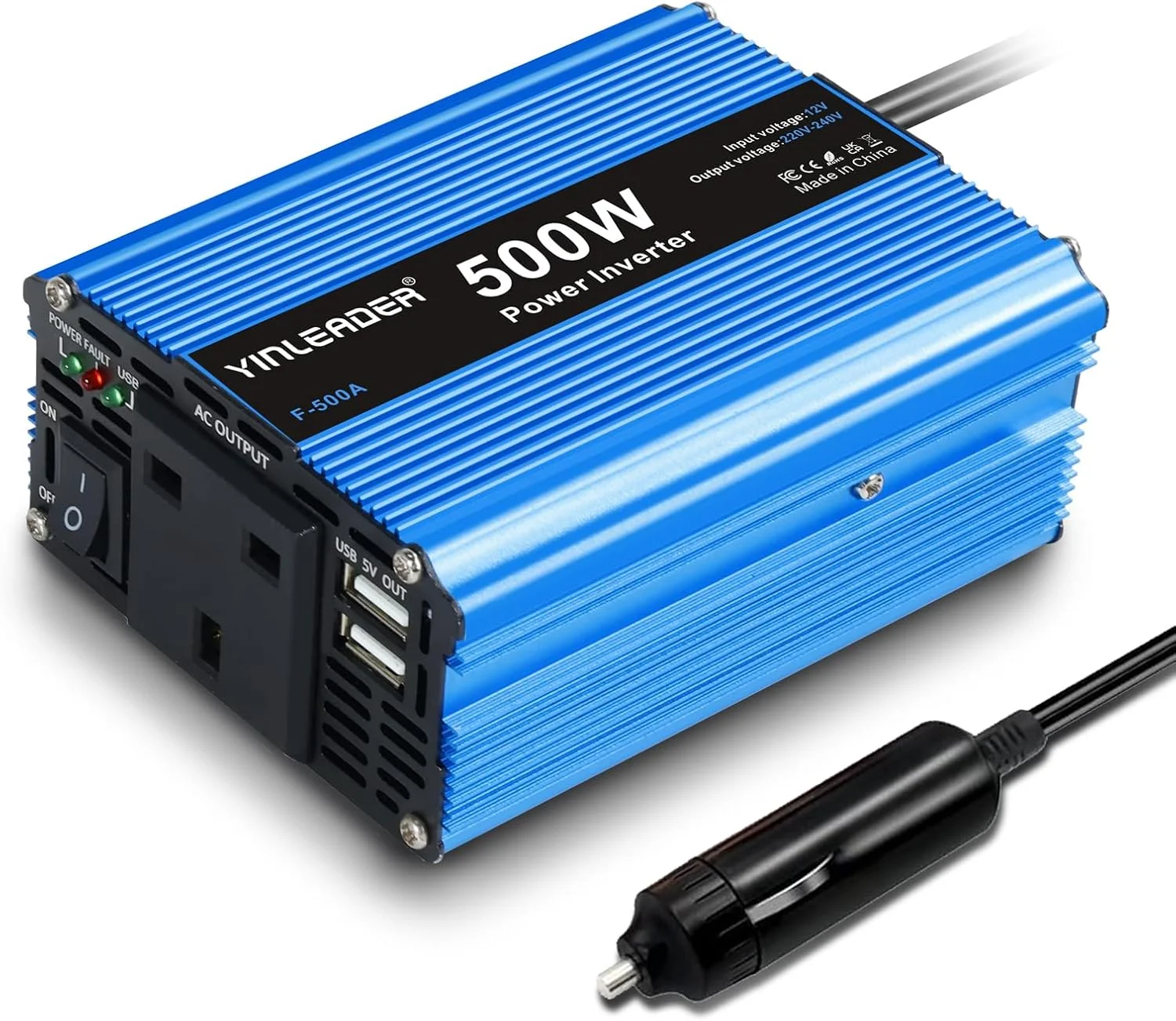 اینورتر برق 500 وات Yinleader، مبدل DC 12V به AC 230V 240V، شارژر فندکی خودرو با دوشاخه 3 پین و پورت های USB دوتایی